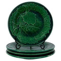 Set of Six Antique French Majolica Dessert Plates, Grape Vine Relief