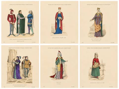 Set of Six Antique French Medieval Costume Prints by F. Roy, circa 1860