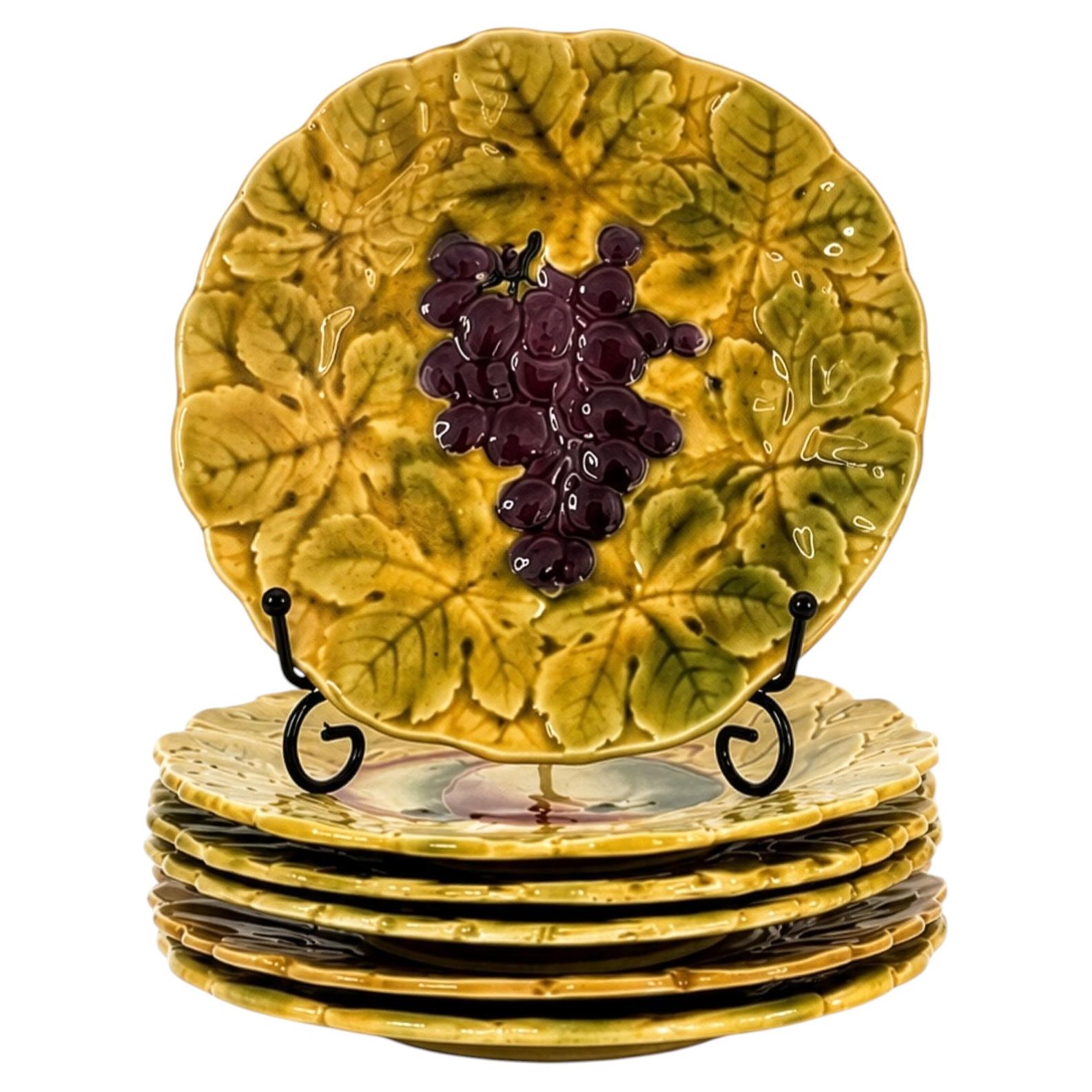 Set of Six Antique French Sarreguemines Majolica Fruit Plates, 1890