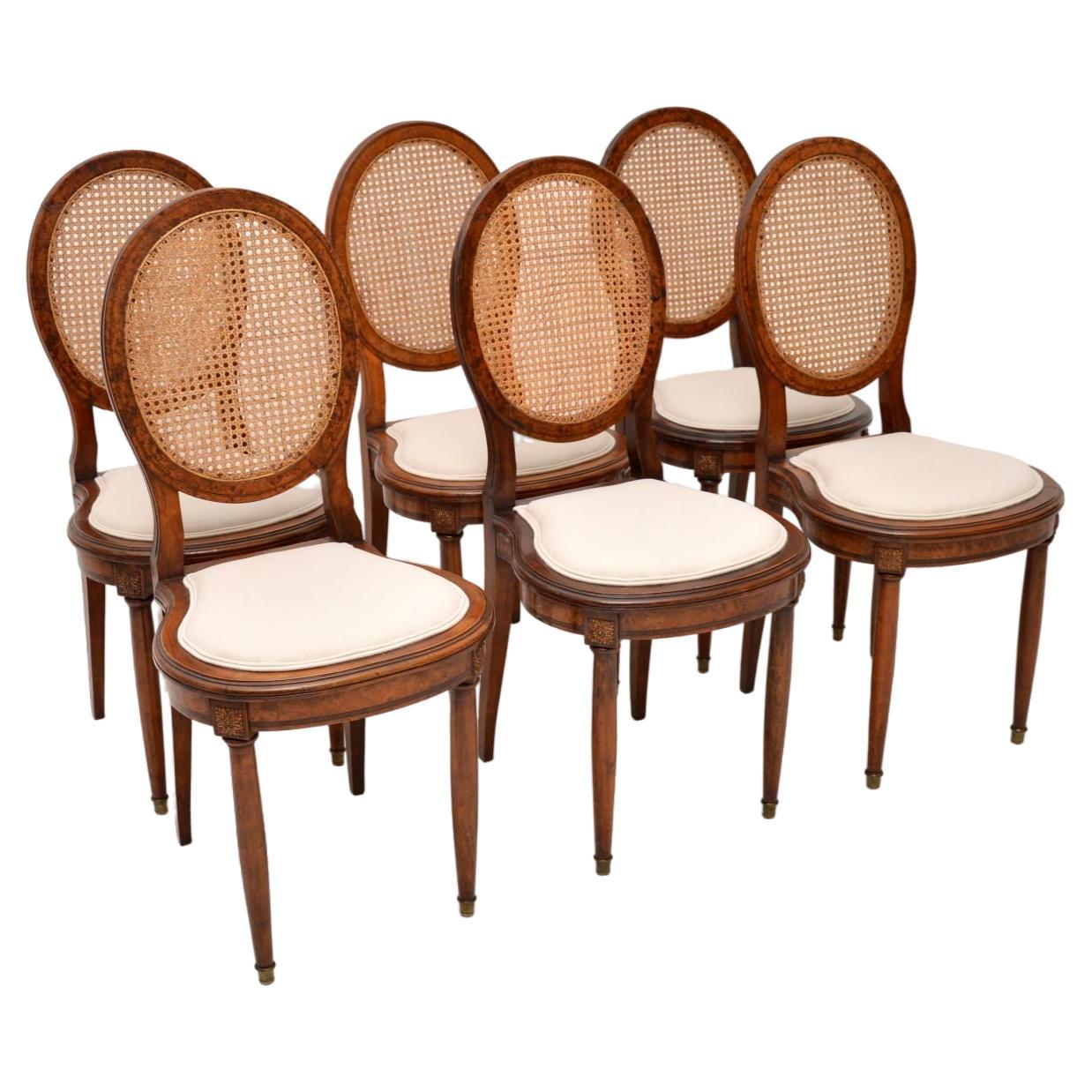 Set of Six Antique French Walnut Cane Back Dining Chairs