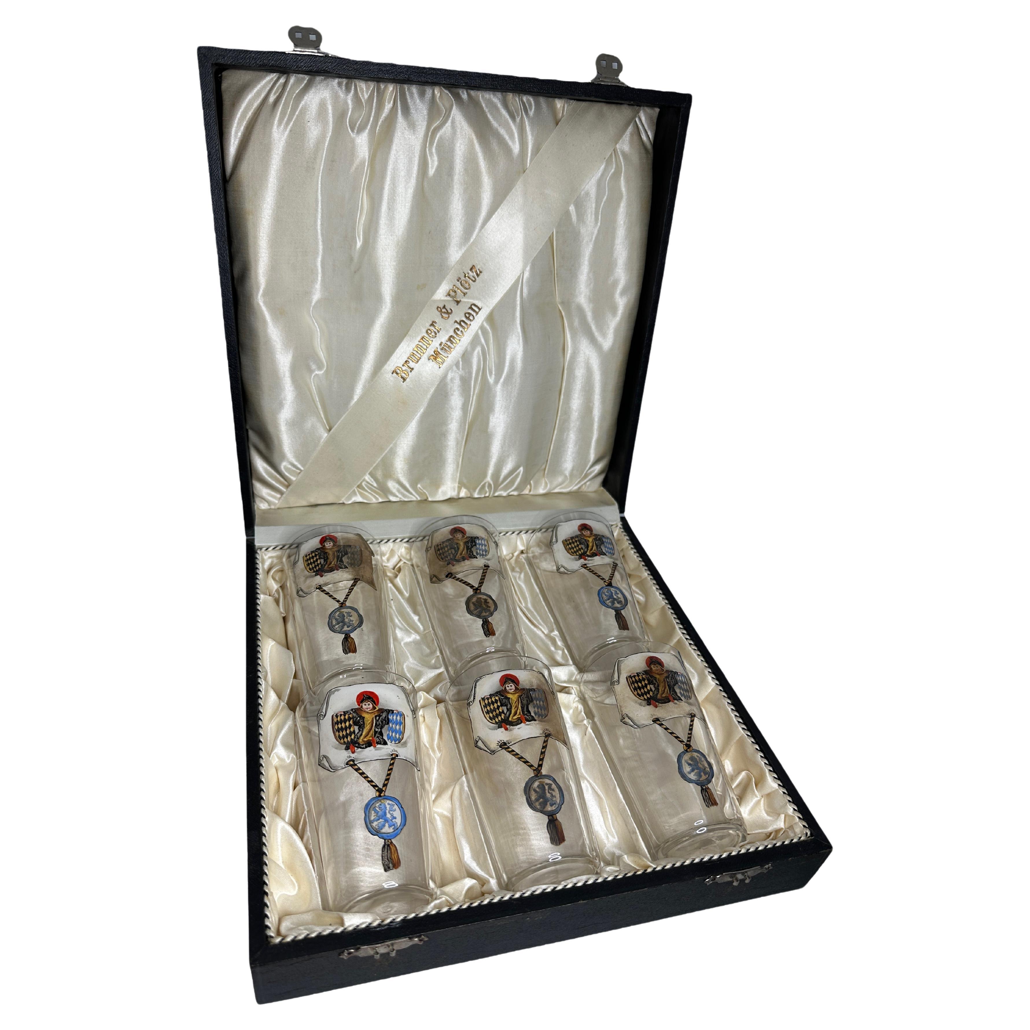 A gorgeous set of six glasses in the original case box - hand painted enamel paint Munich Child pictures on each glass. Set has been made in Germany circa 1910s or older, by Brunner & Plötz in Munich, Germany. Absolutely gorgeous piece hand painted