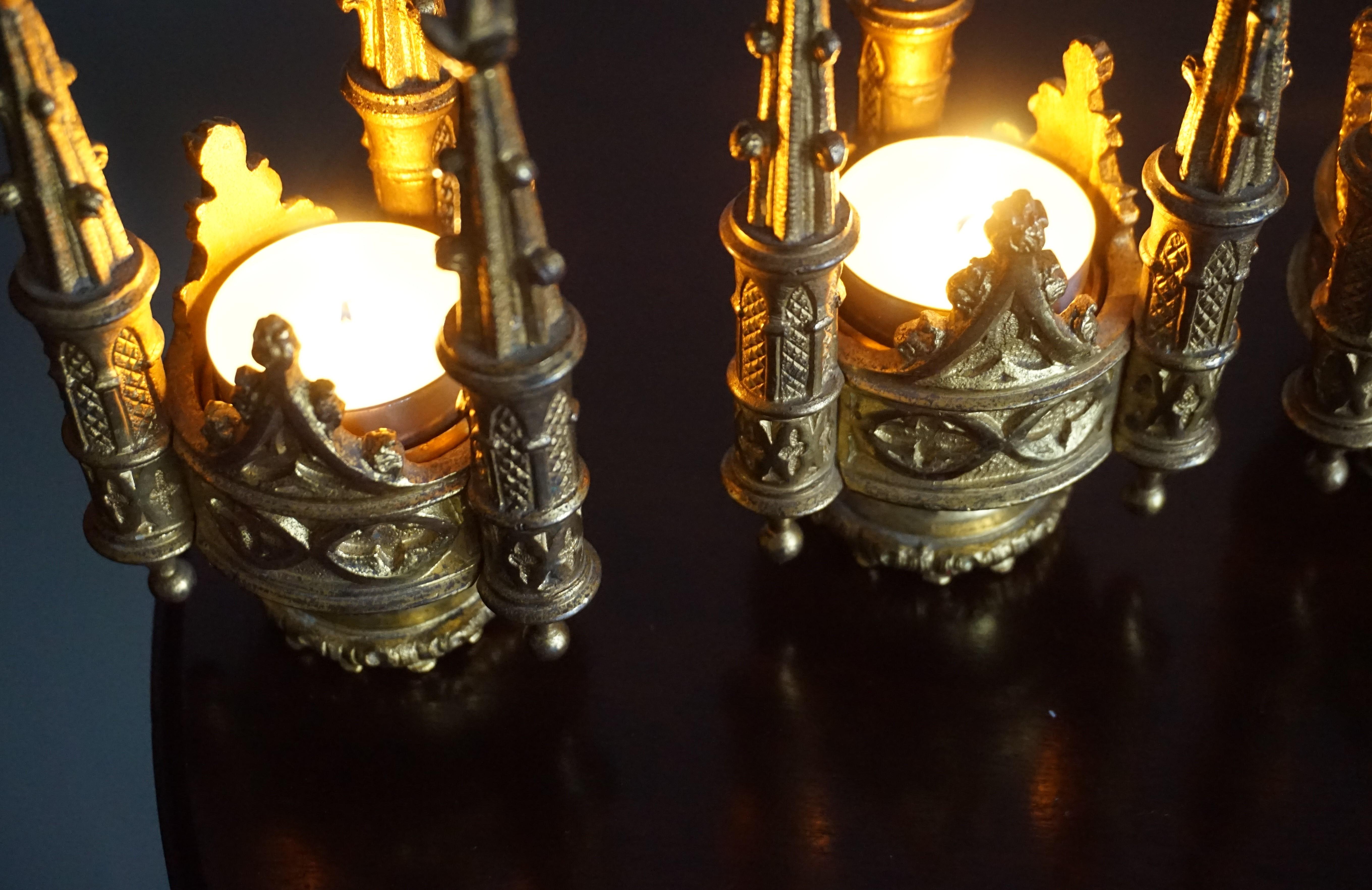 Set of Six Antique Gothic Revival Gilt Bronze Church Finial Candleholders 2
