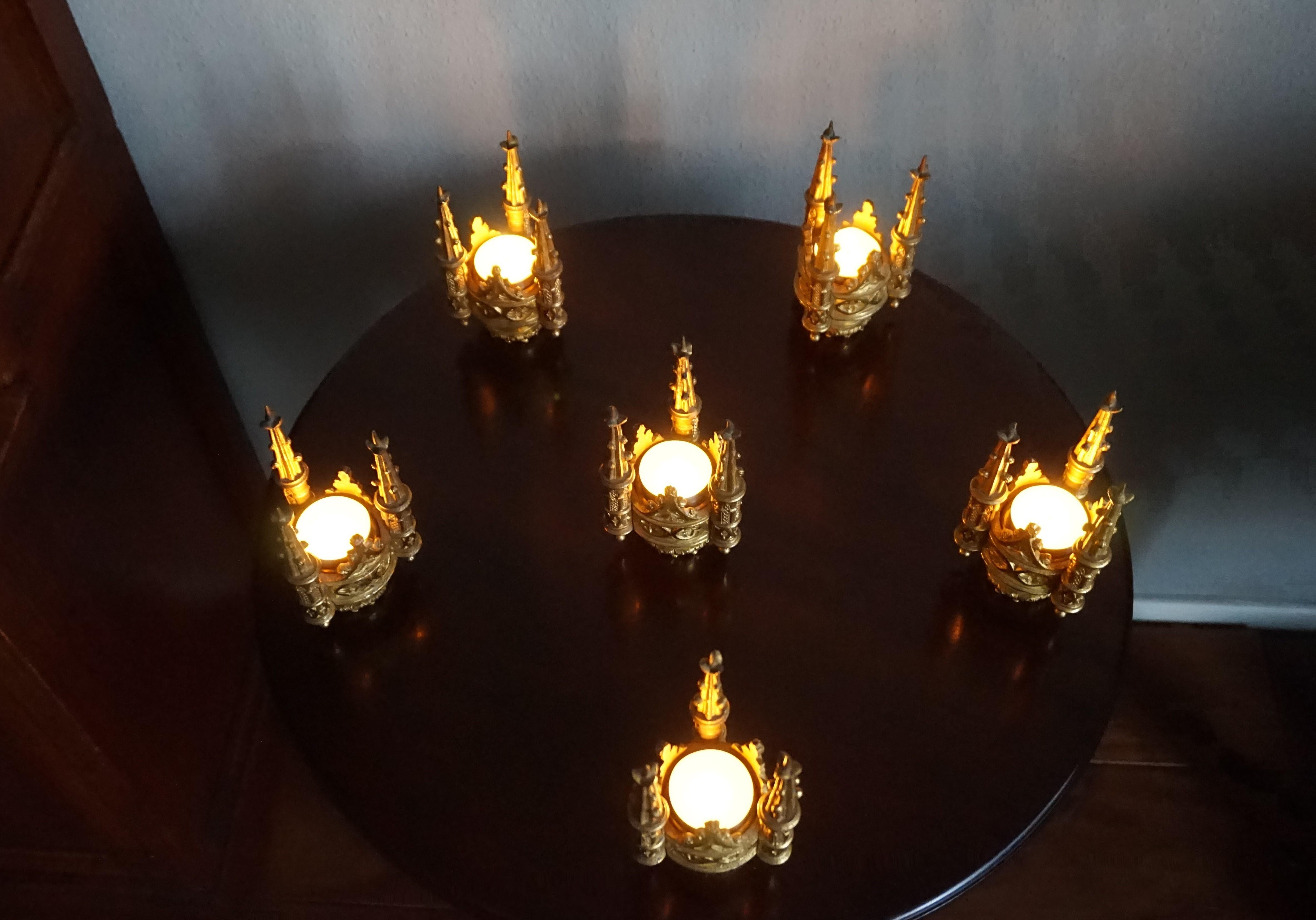 Set of Six Antique Gothic Revival Gilt Bronze Church Finial Candleholders 6