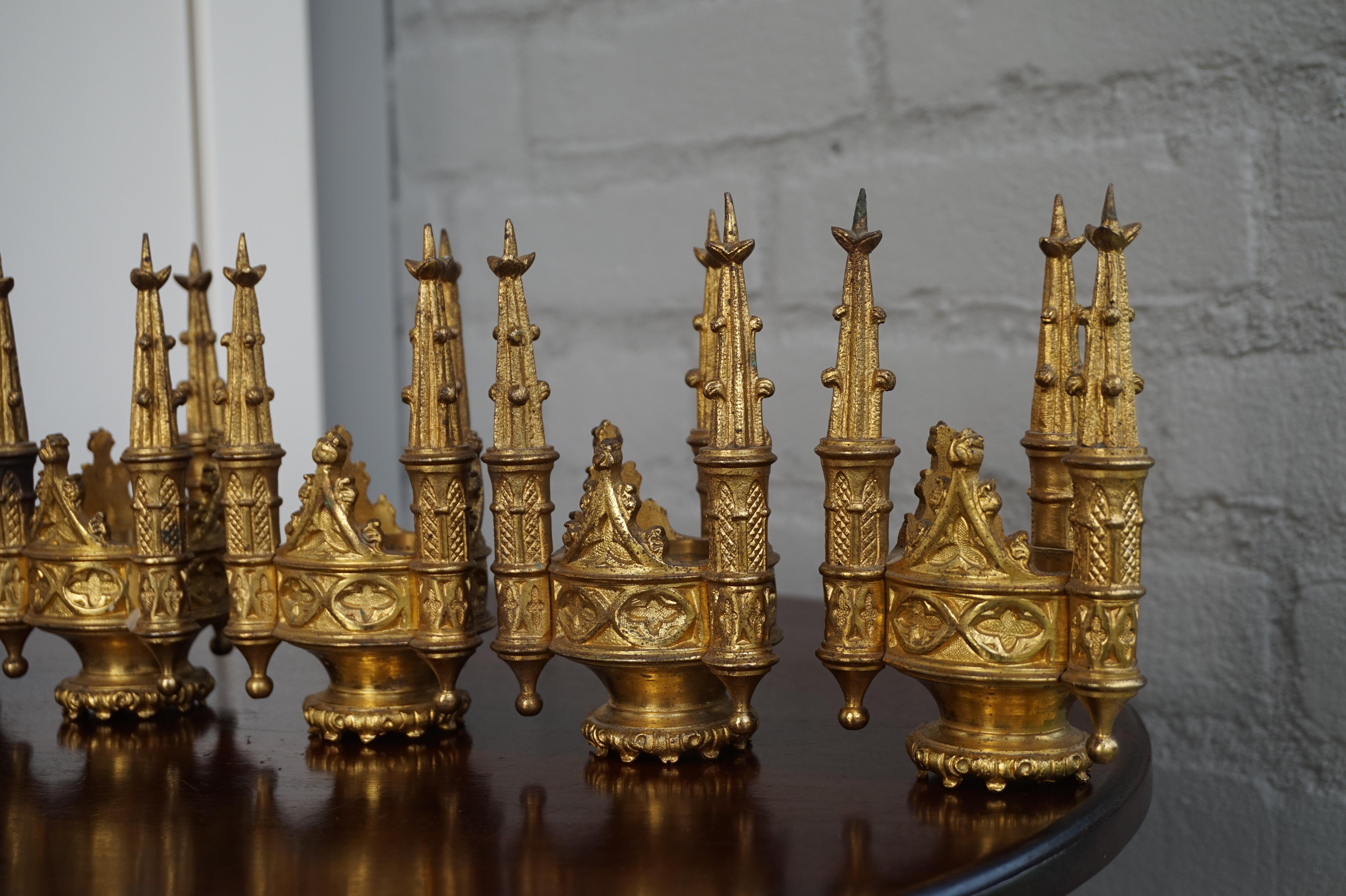 Set of Six Antique Gothic Revival Gilt Bronze Church Finial Candleholders 9