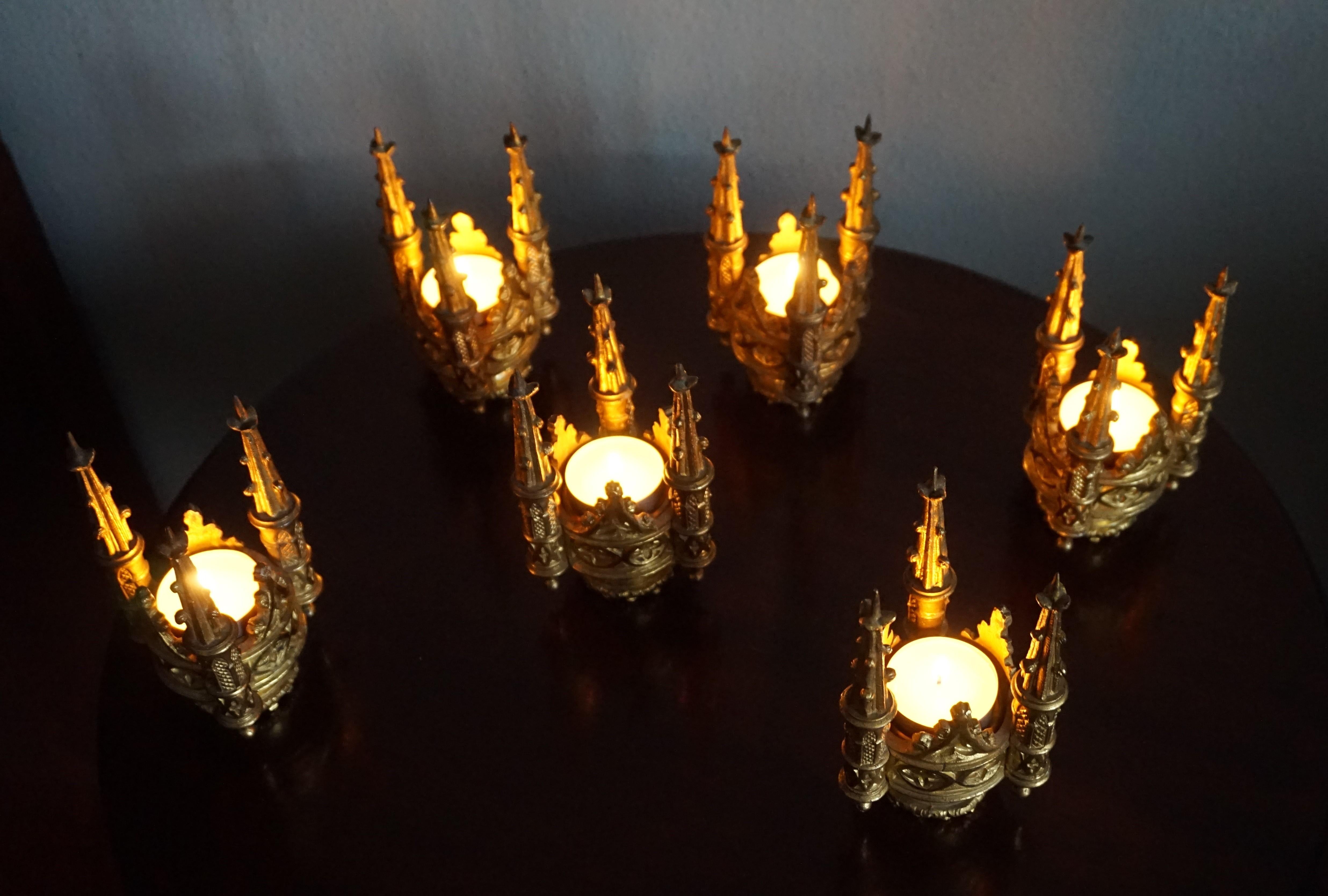 Set of Six Antique Gothic Revival Gilt Bronze Church Finial Candleholders 10