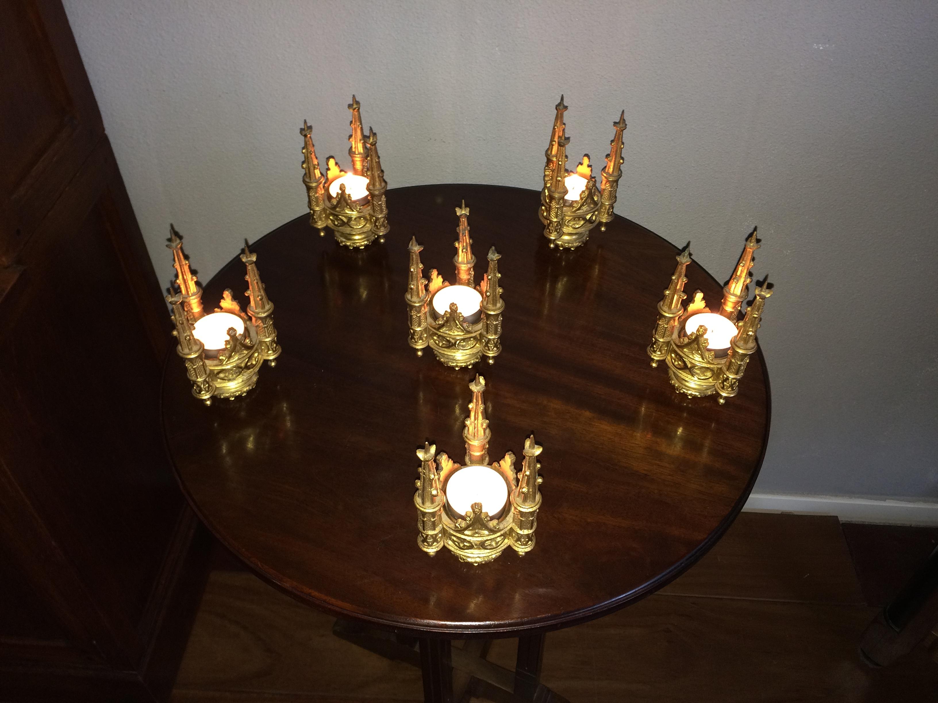 Set of Six Antique Gothic Revival Gilt Bronze Church Finial Candleholders 12