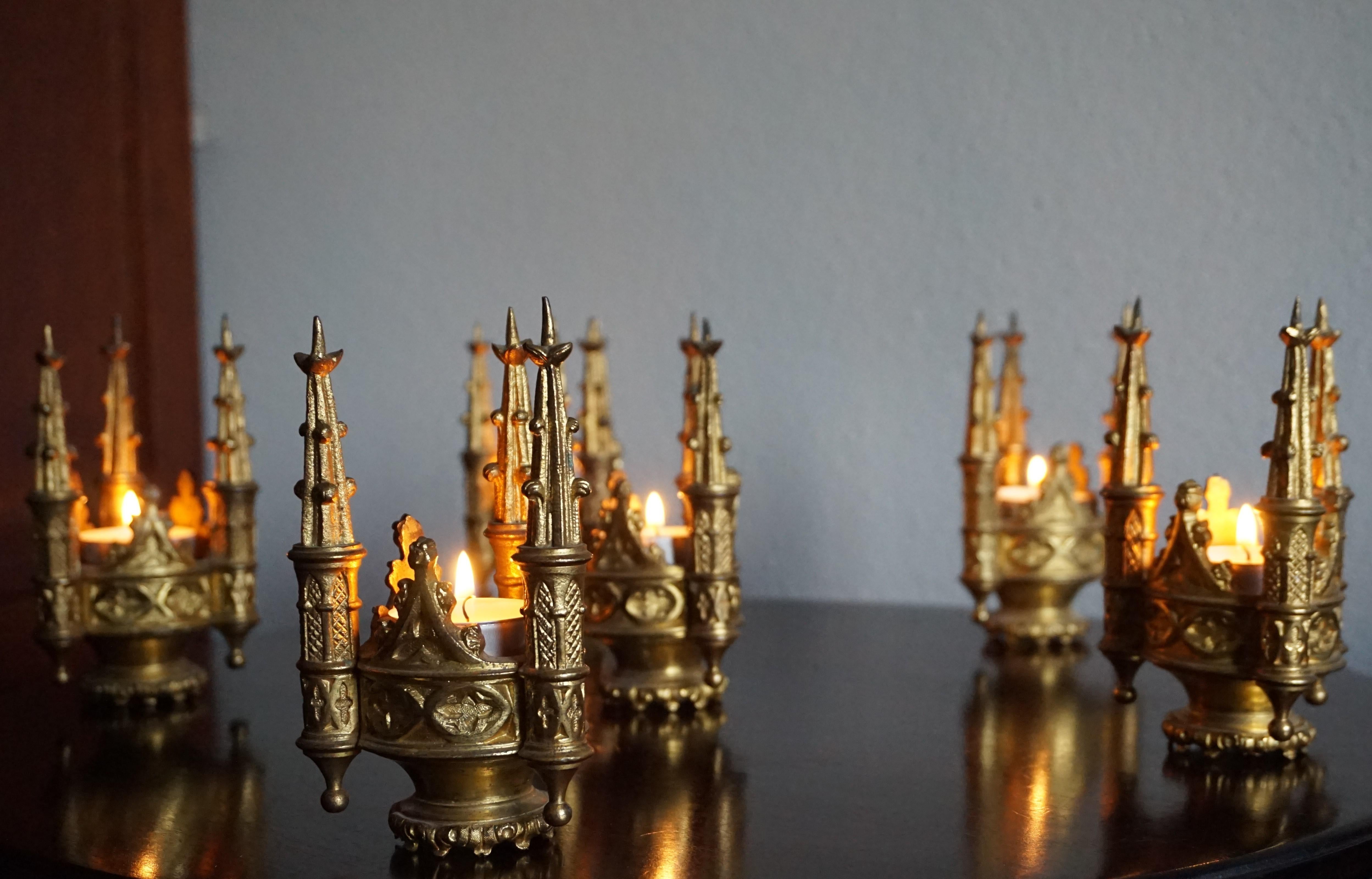 European Set of Six Antique Gothic Revival Gilt Bronze Church Finial Candleholders