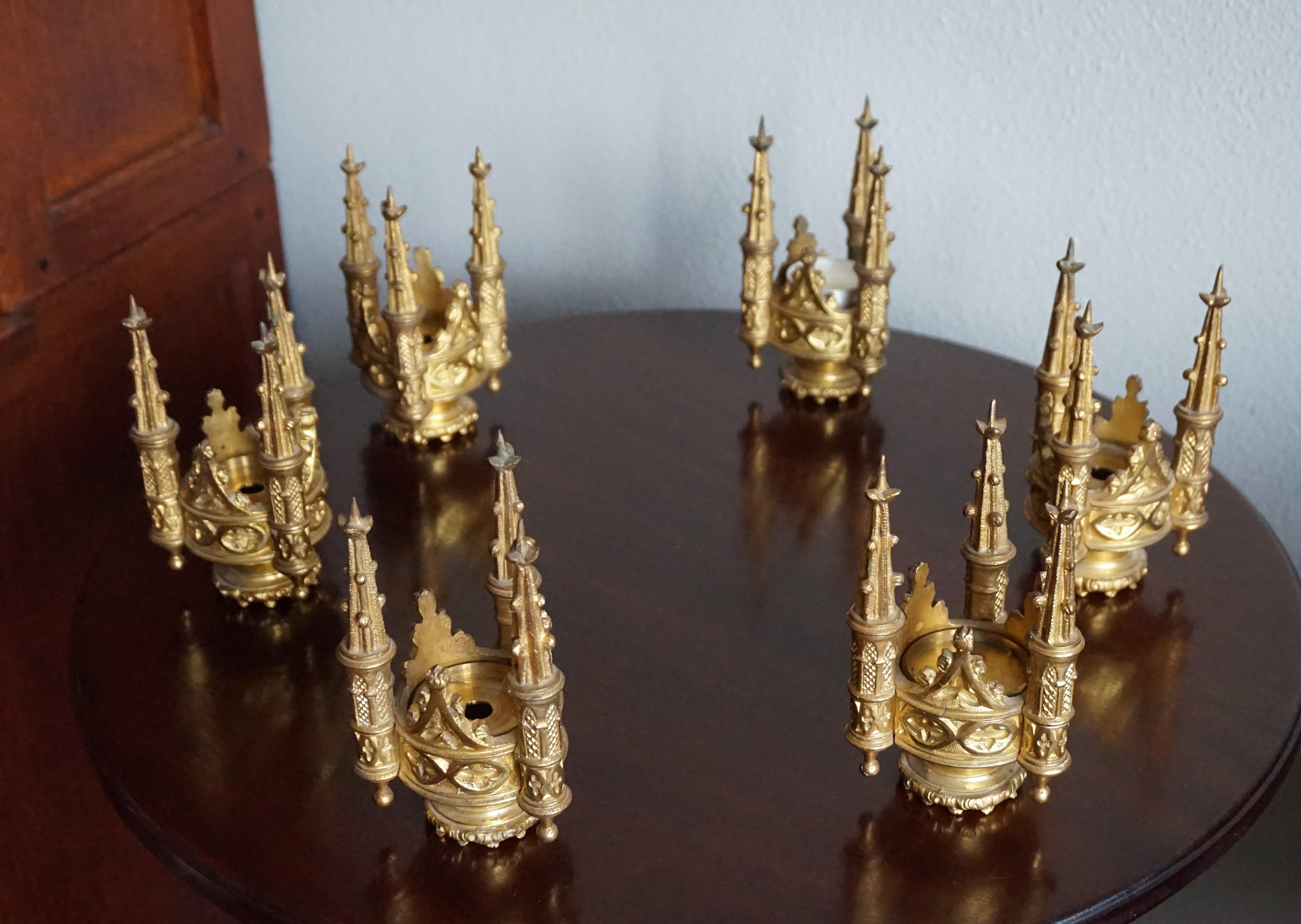 Set of Six Antique Gothic Revival Gilt Bronze Church Finial Candleholders In Excellent Condition In Lisse, NL