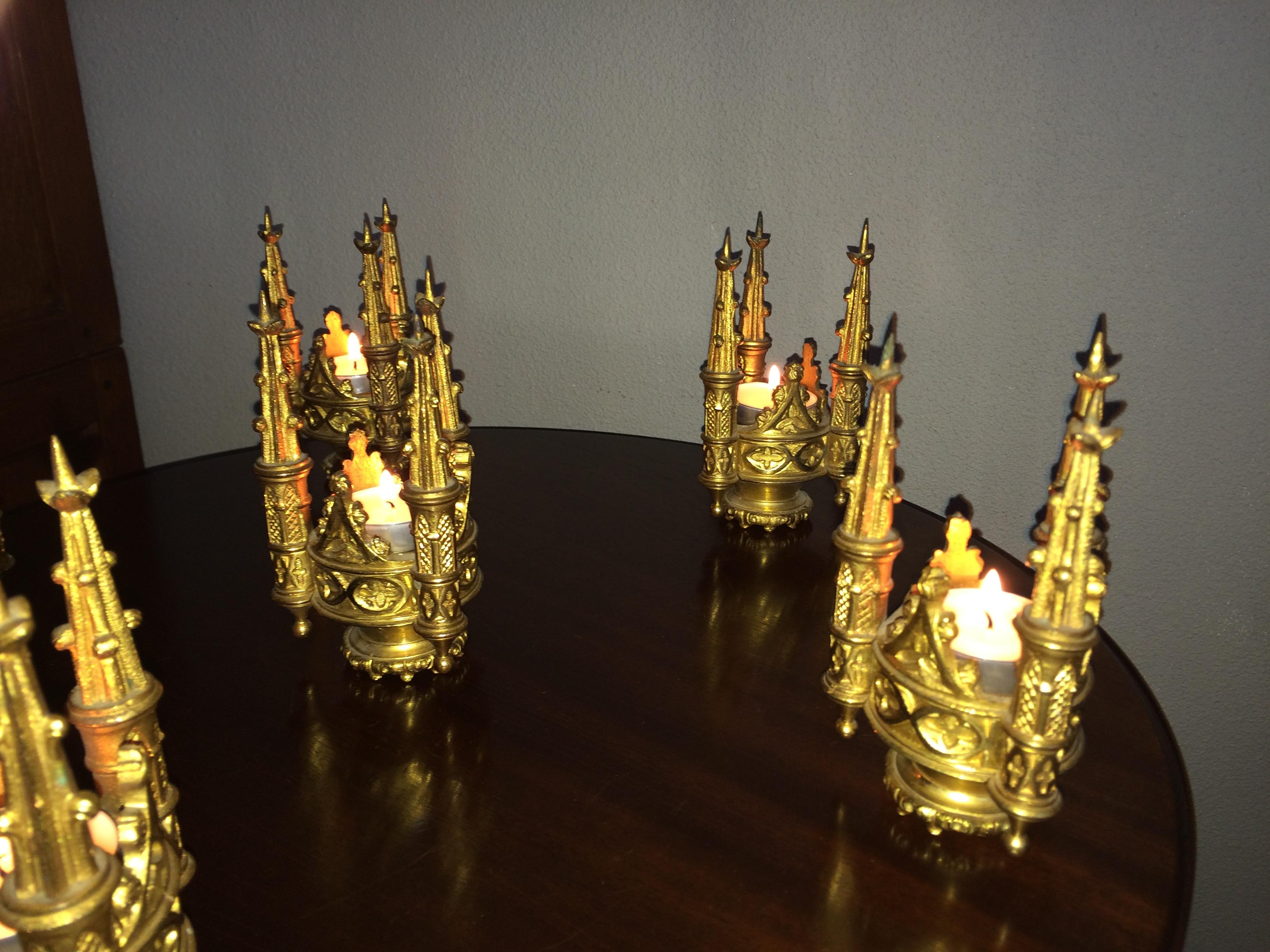 19th Century Set of Six Antique Gothic Revival Gilt Bronze Church Finial Candleholders