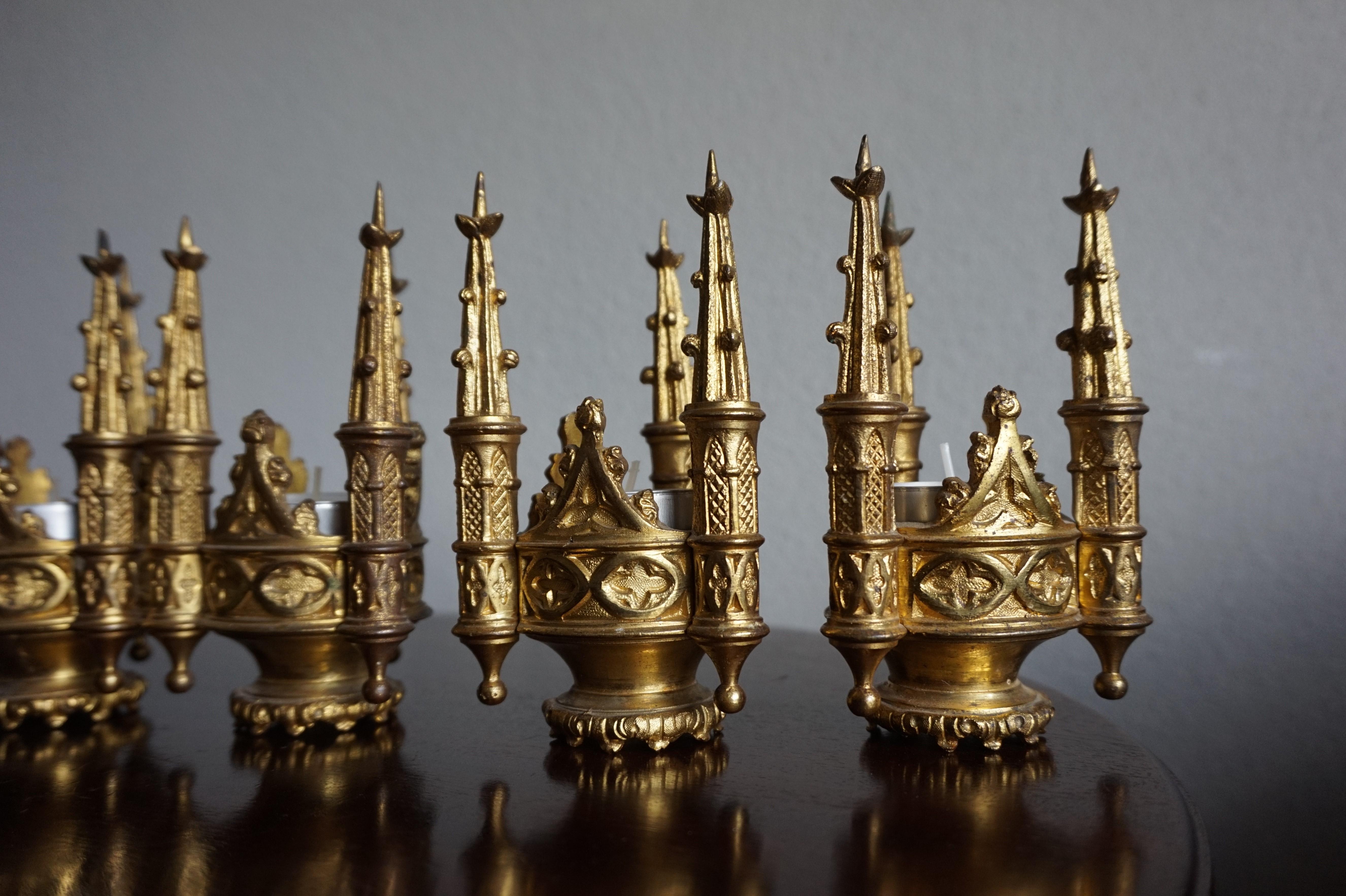 Brass Set of Six Antique Gothic Revival Gilt Bronze Church Finial Candleholders
