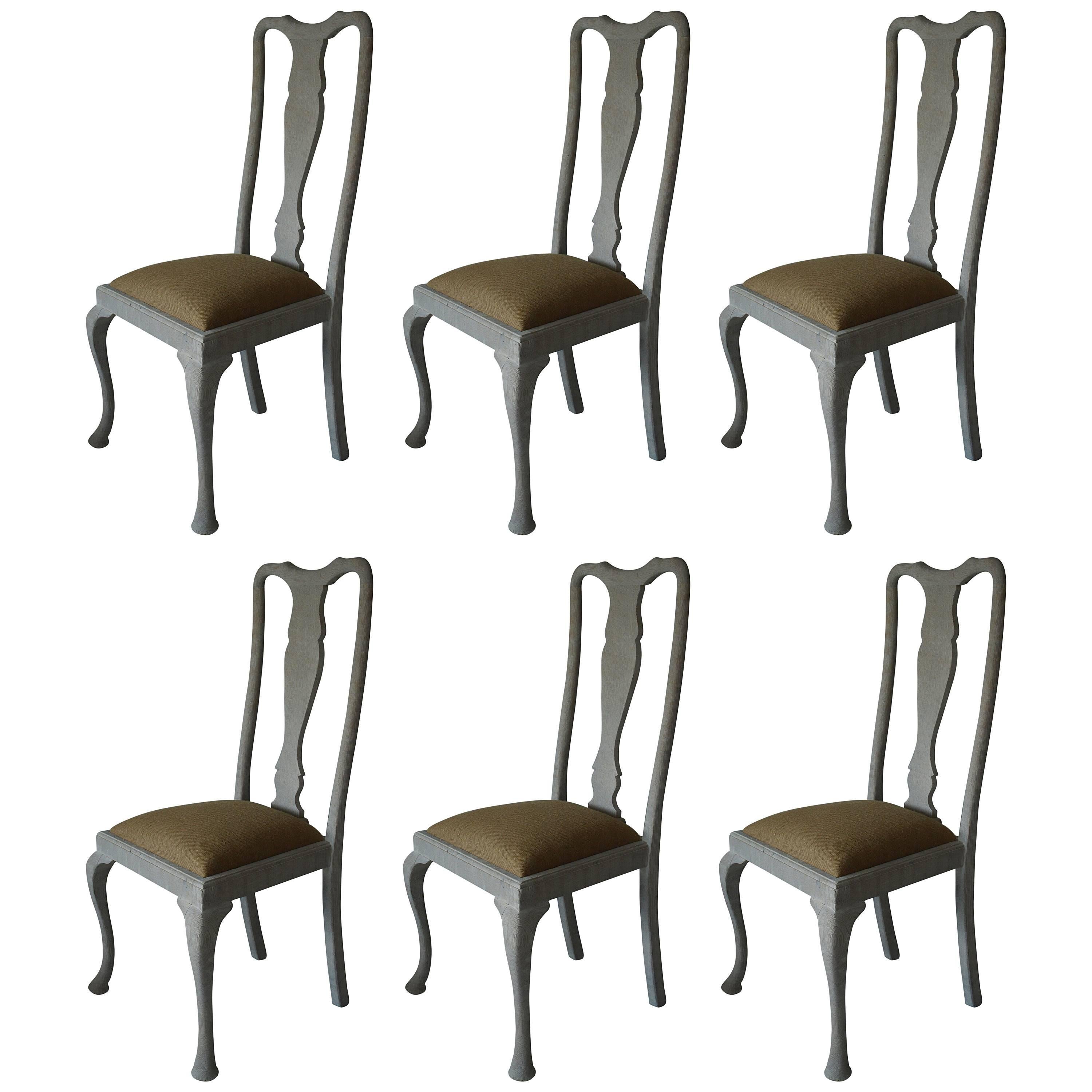 Set of Six Antique Gustavian Style Limed Oak Dining Chairs