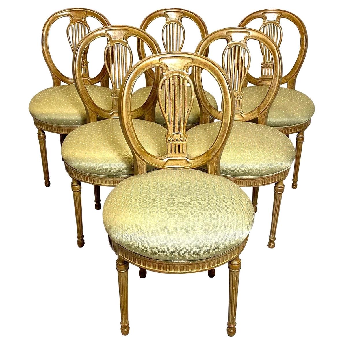 Set of Six Antique Louis XVI Balloon Back Dining Chairs with Silk Seat Cushions