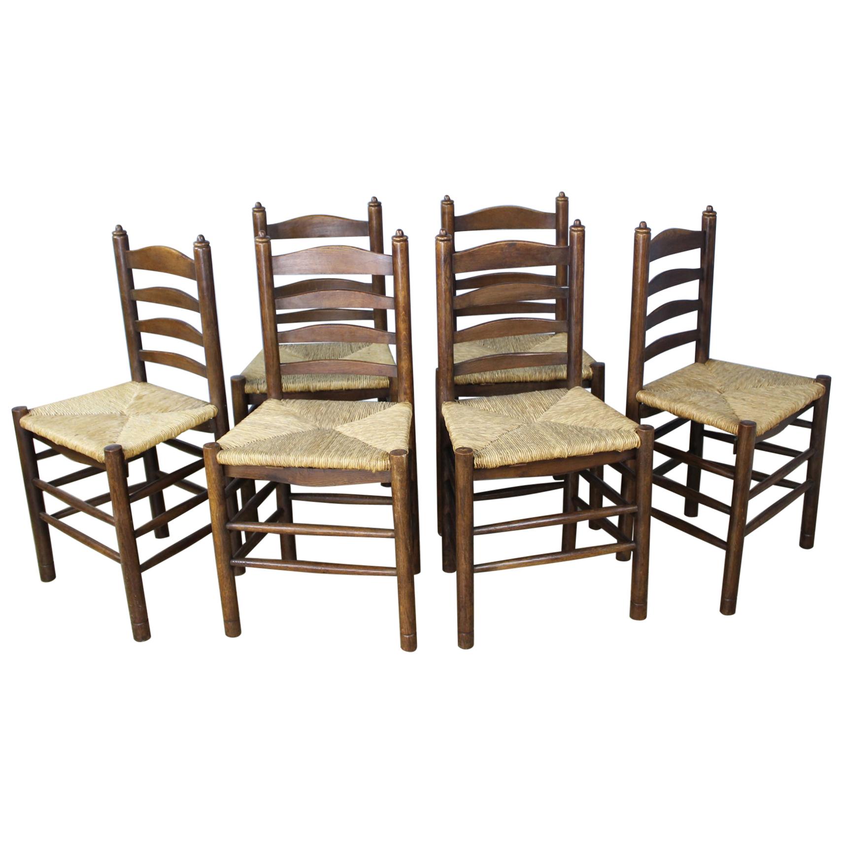 Set of Six Antique Oak Church Chairs