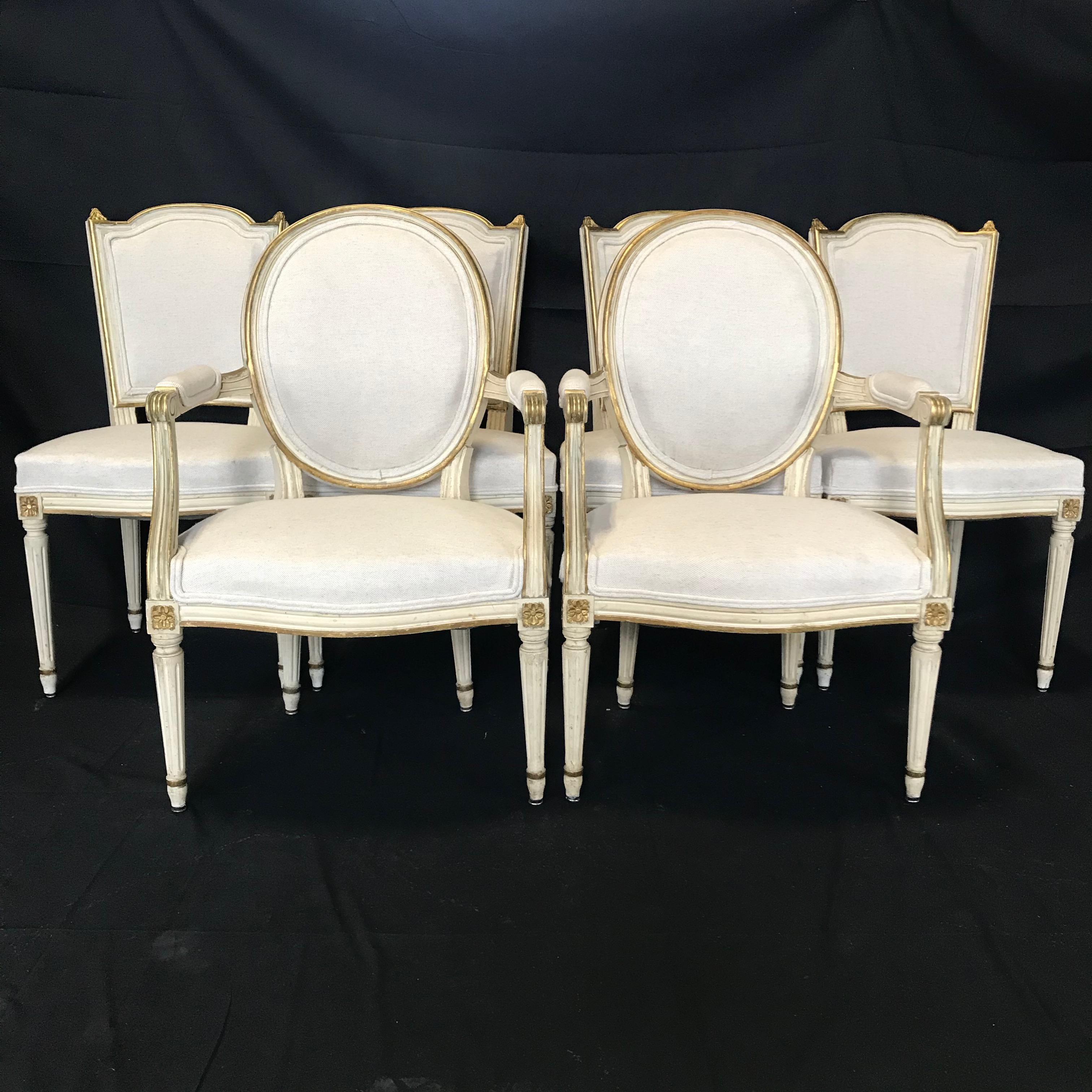 French Set of Six Antique Painted Louis XVI Gustavian Style Dining Chairs