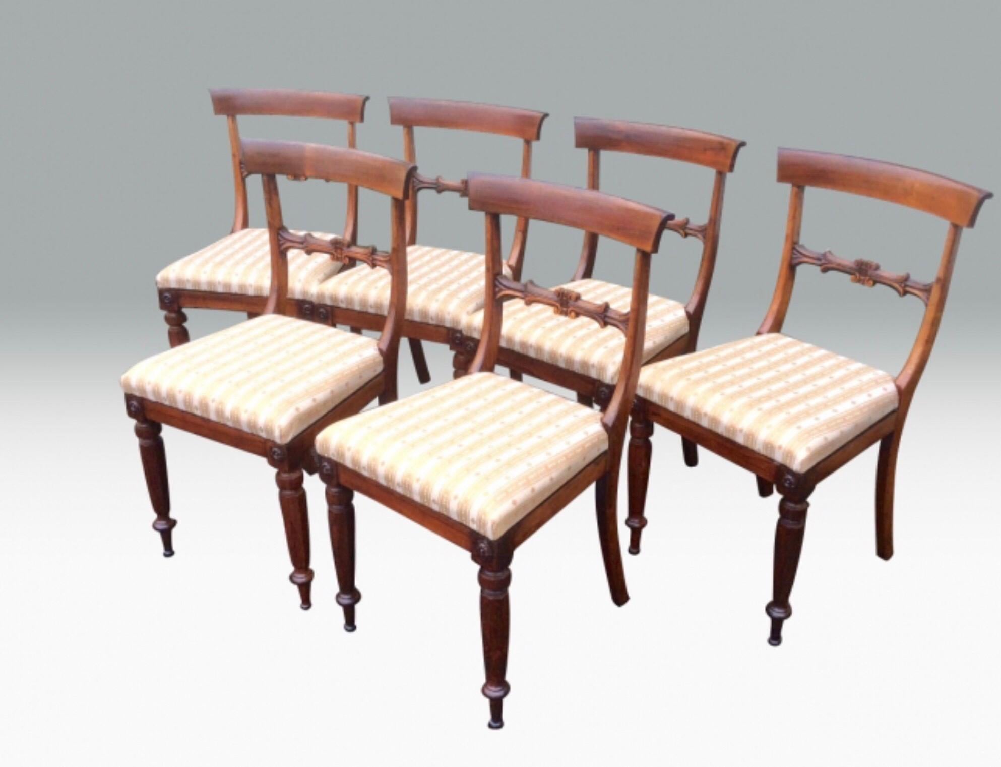 Fabulous set of six antique period Regency rosewood dining chairs in fabulous colour and condition.
Drop-in Seats.
All strong of joint
Circa 1820.
Measures: 35ins high x 19.5ins wide x 19.5ins deep.
Seat height 18.5ins.