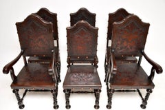 Set of Six Antique Portuguese Embossed Leather and Walnut Dining Chairs