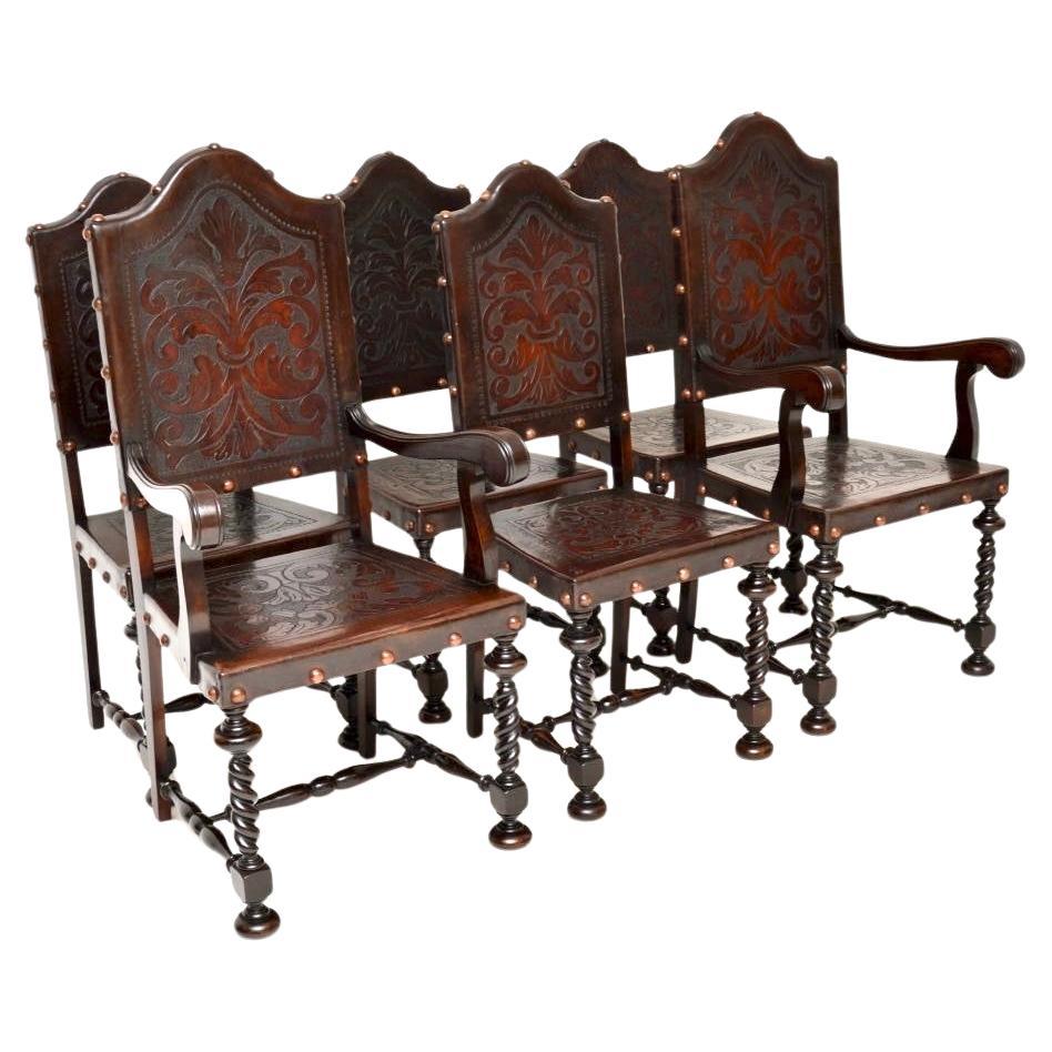 Set of Six Antique Portuguese Embossed Leather and Walnut Dining Chairs For Sale