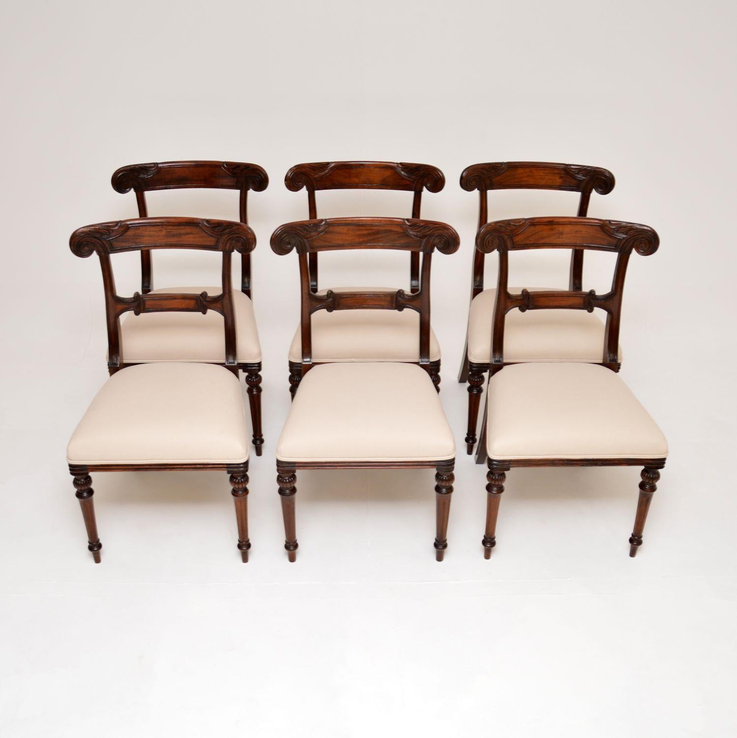 An outstanding set of original antique Regency period dining chairs. They were made in England, they date from the 1820-1830 period.

The quality is superb, they are beautifully constructed with fine carving and an elegant design. The wood has a