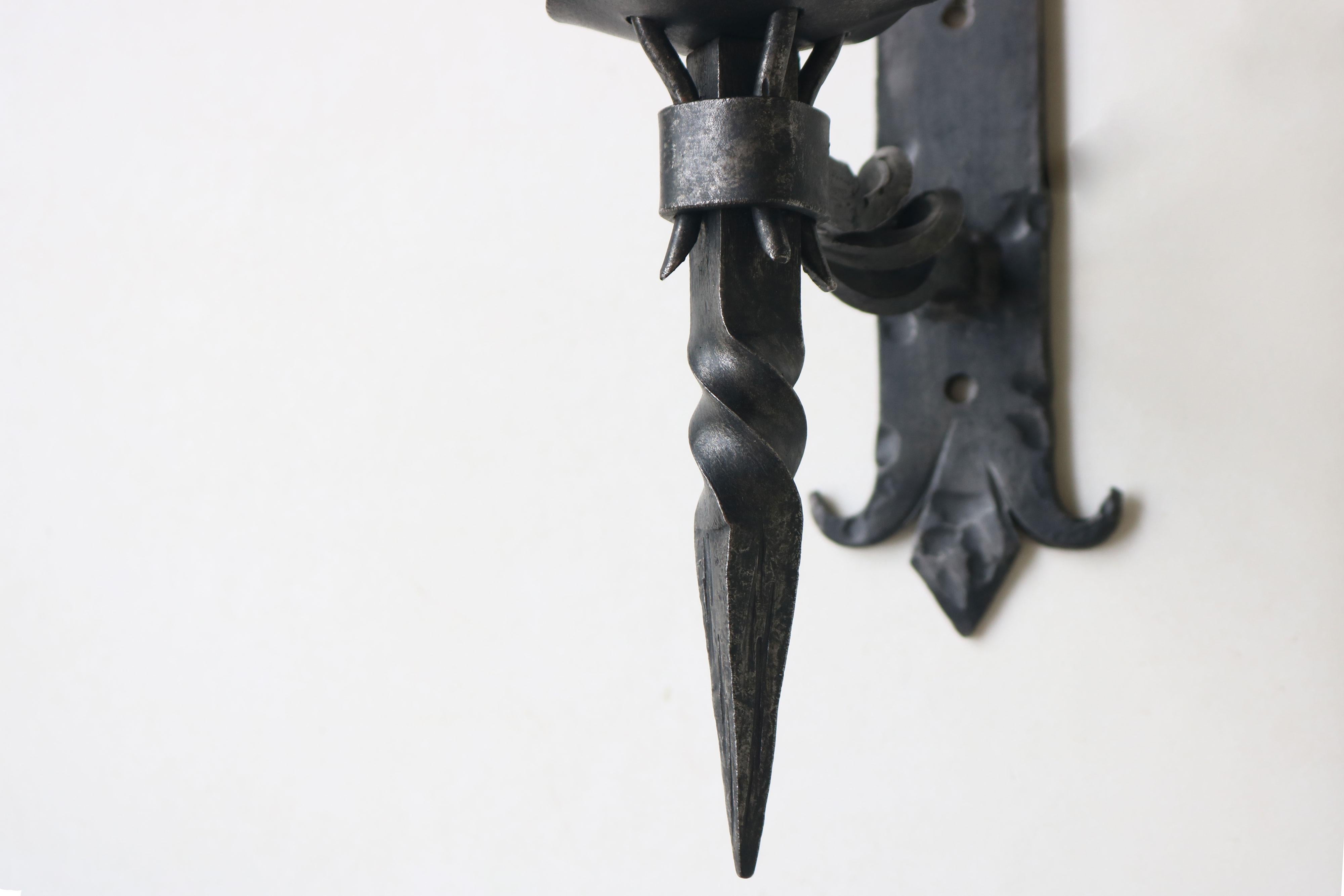 Hand-Crafted Set of six Antique Spanish Gothic Revival wall light / wall sconce wrought iron For Sale