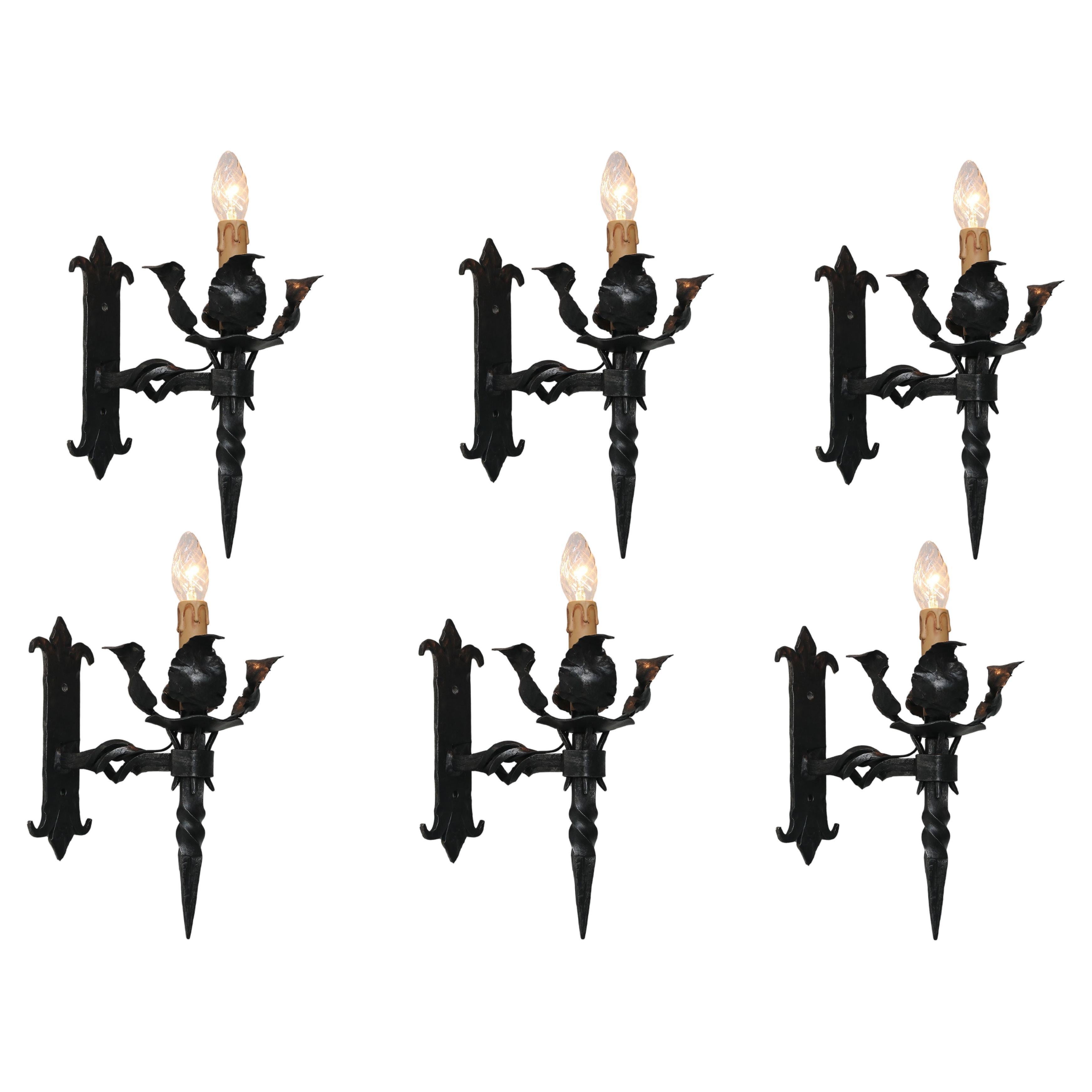 Set of six Antique Spanish Gothic Revival wall light / wall sconce wrought iron