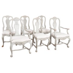 Set of Six Antique Swedish Rococo Dining Chairs With Gray Paint, circa 1880