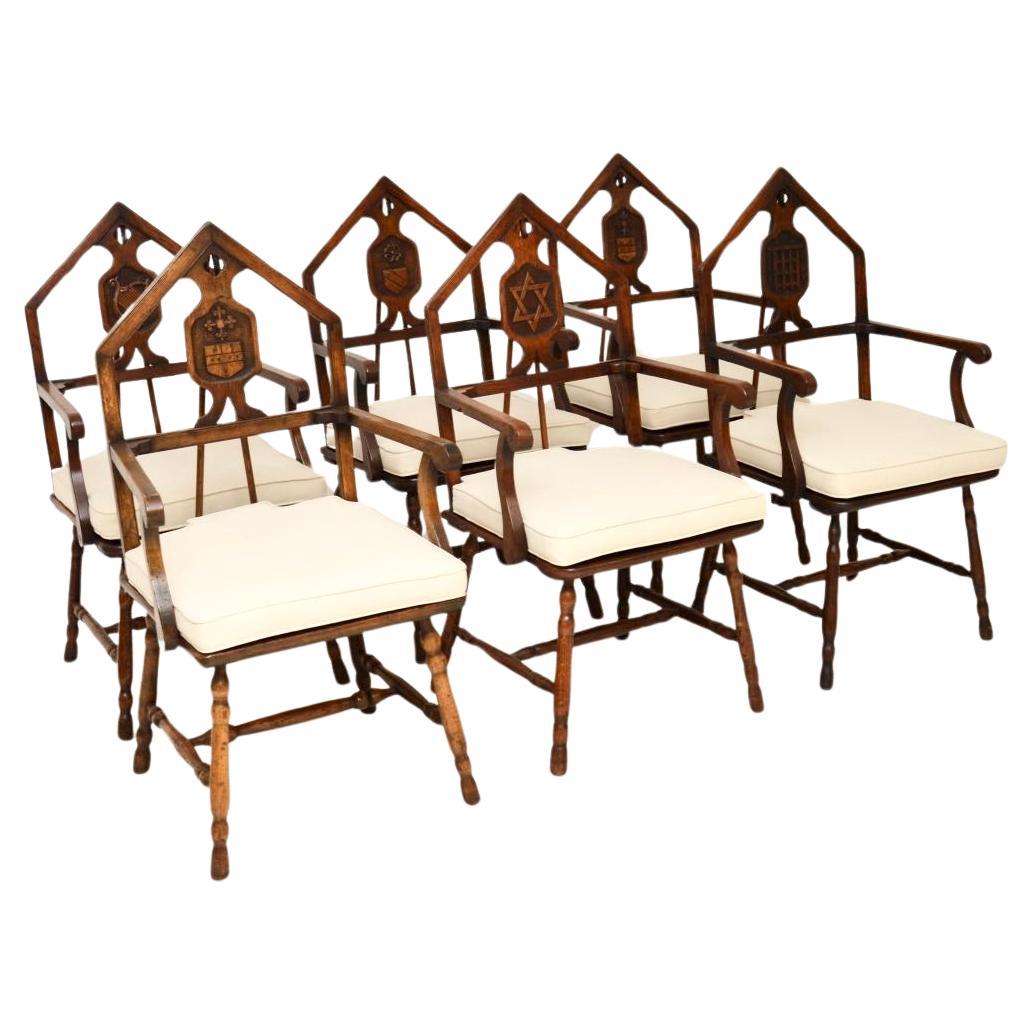 Ensemble de six chaises de salle à manger maçonniques anciennes en chêne de l'époque victorienne