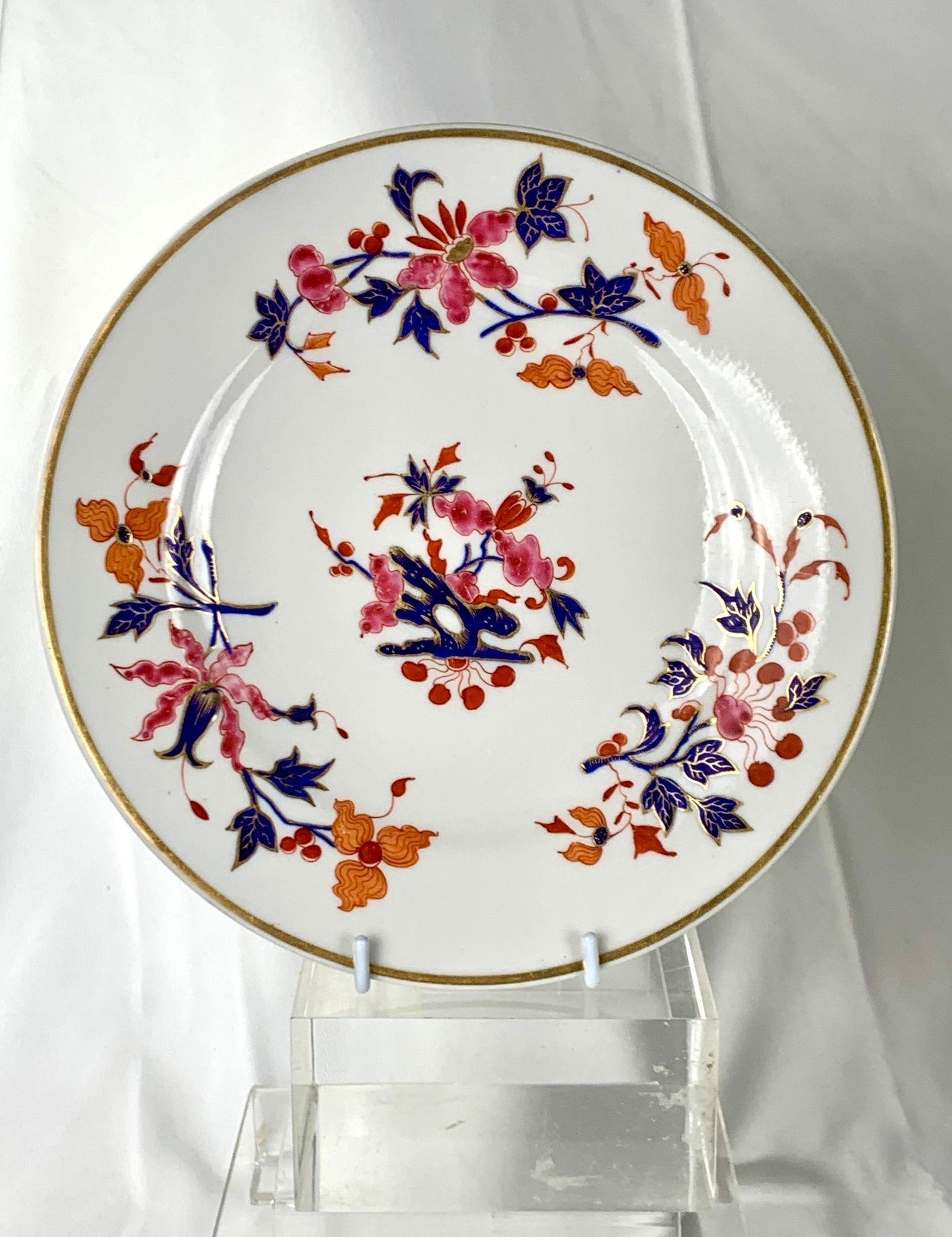 Juego de Seis Platos Antiguos Worcester Inglés Imari Rosa y Azul 1792-1803 Regencia en venta