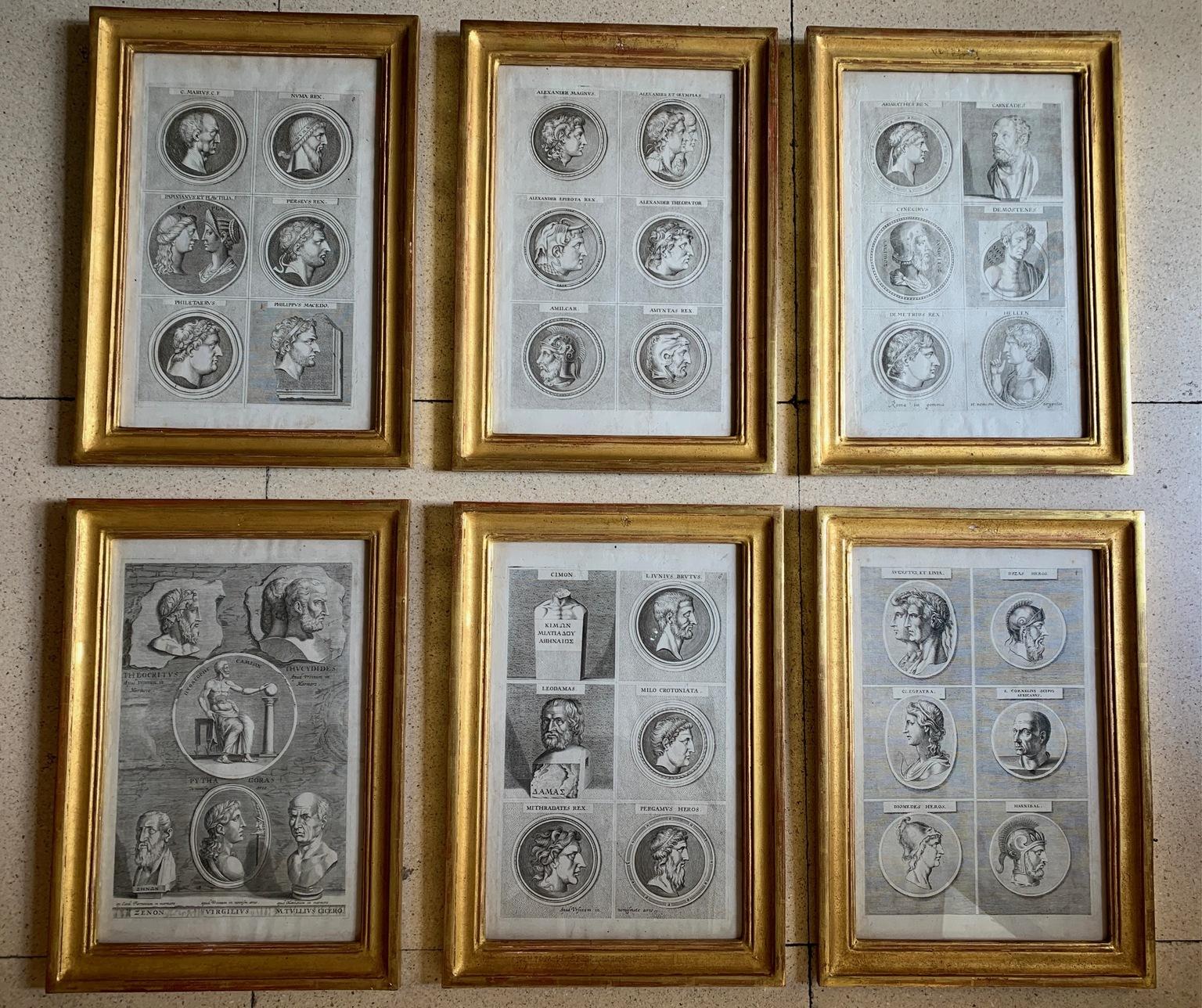 Set of six neoclassical engravings from the 18th century, representing effigies of Greek and Roman characters, philosophers, entrepreneurs and characters from Greek and Roman life, framed in gilt wood.