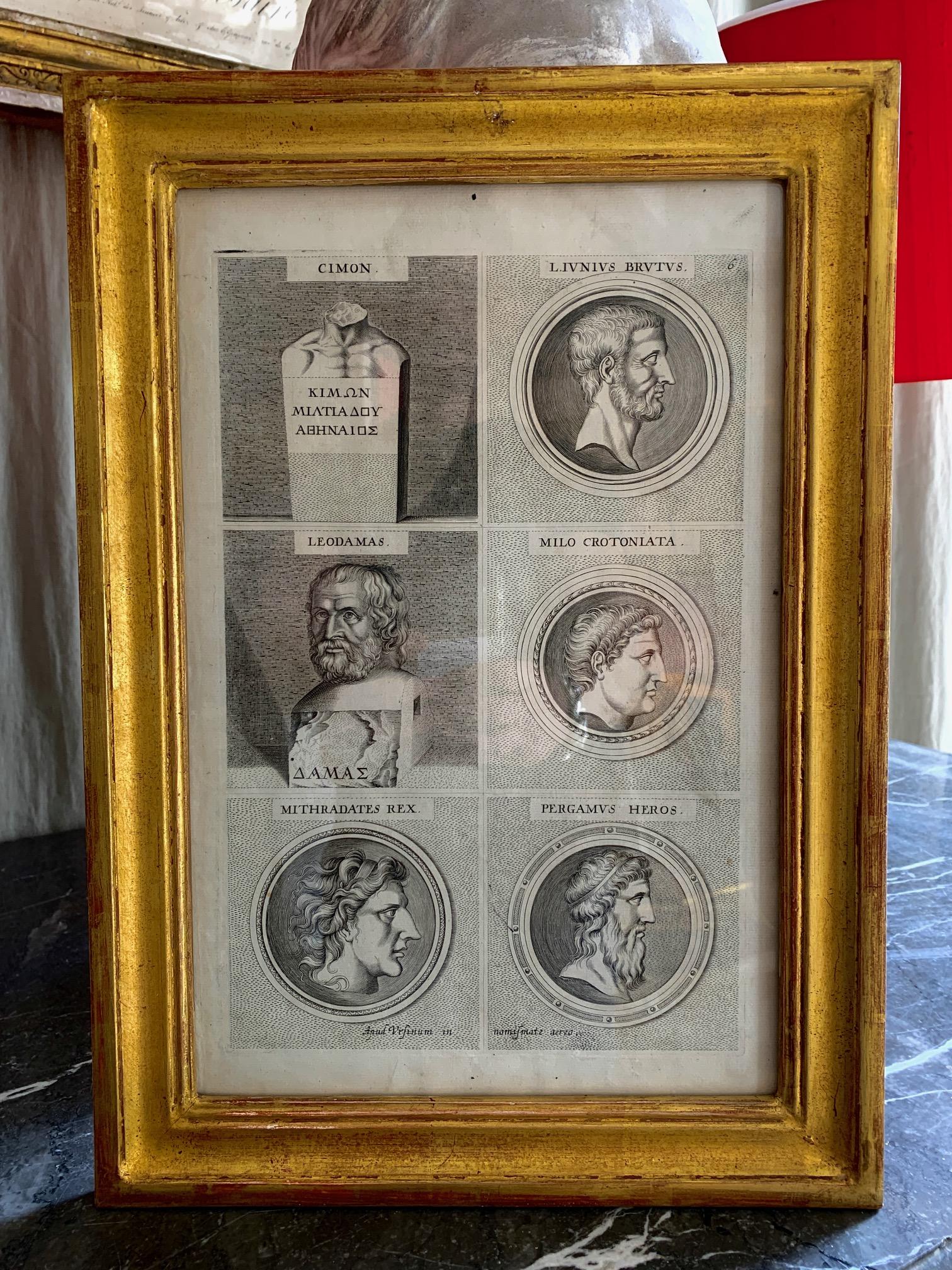 Engraved Set of Six Antiques Italian Neoclassical Engravings in Giltwood Frames