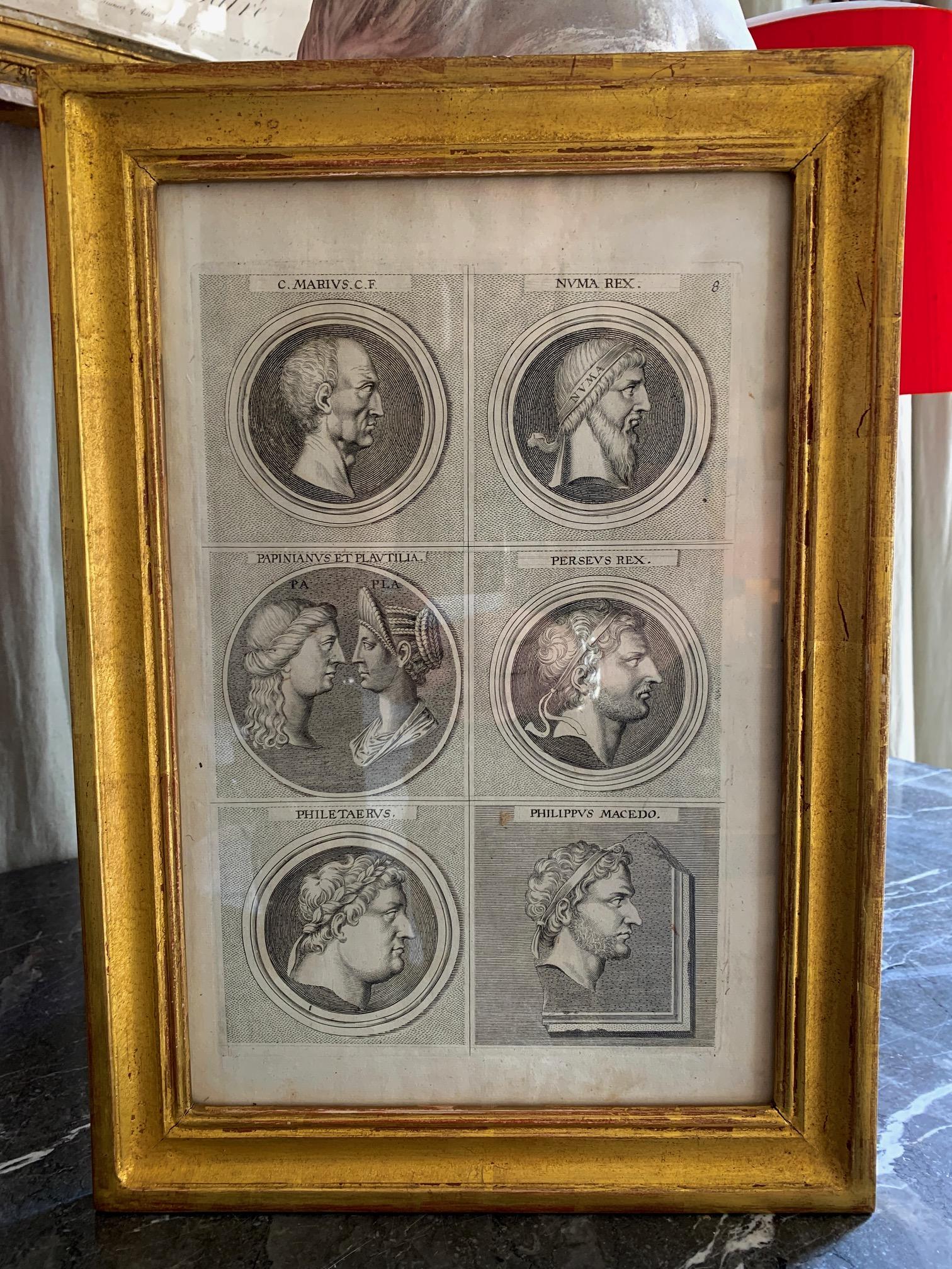 18th Century Set of Six Antiques Italian Neoclassical Engravings in Giltwood Frames