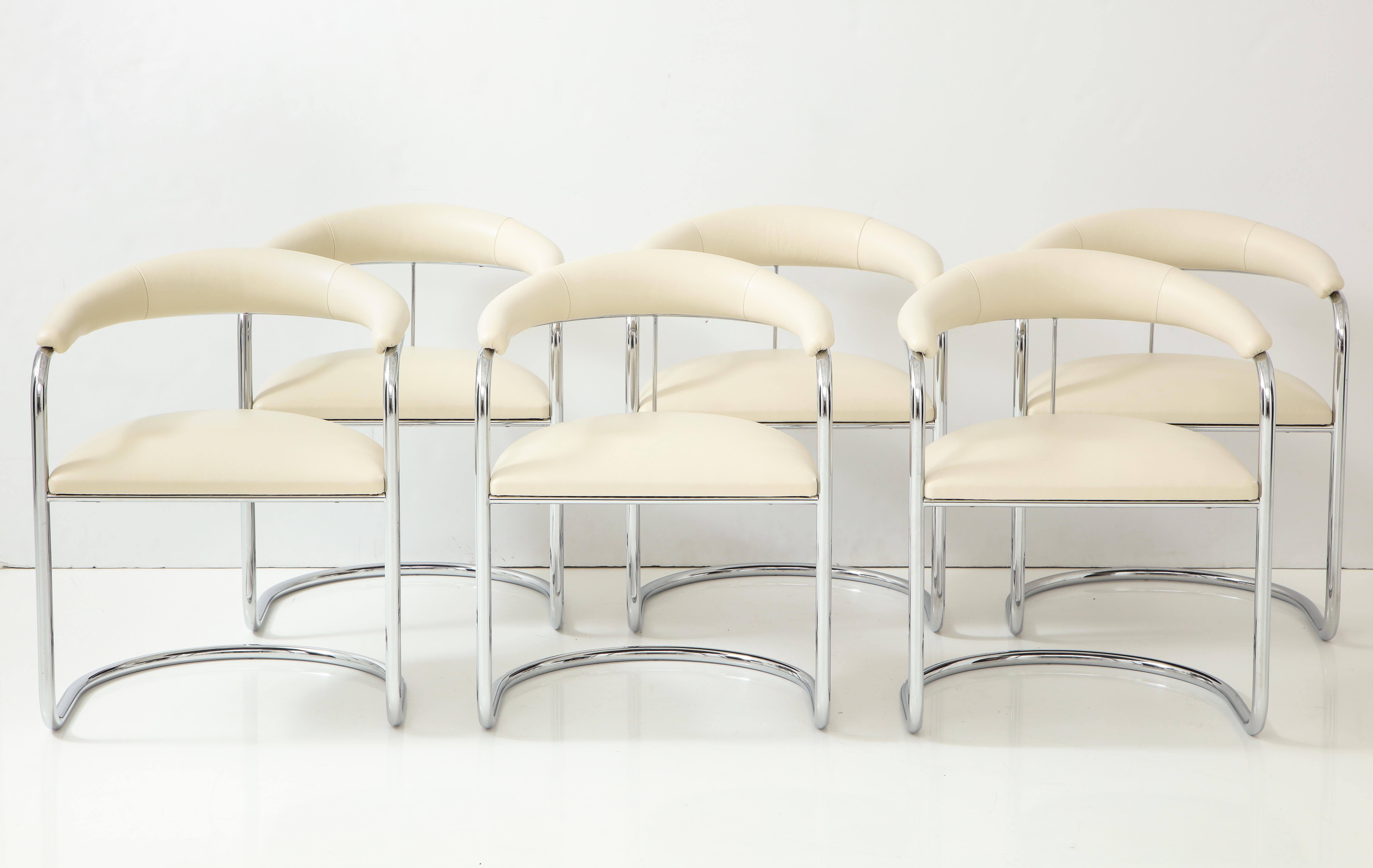 Set of six chrome chairs designed by Anton Lorenz for Thonet.
1970s chrome tubular chairs with new soft Ivory leather upholstery.
