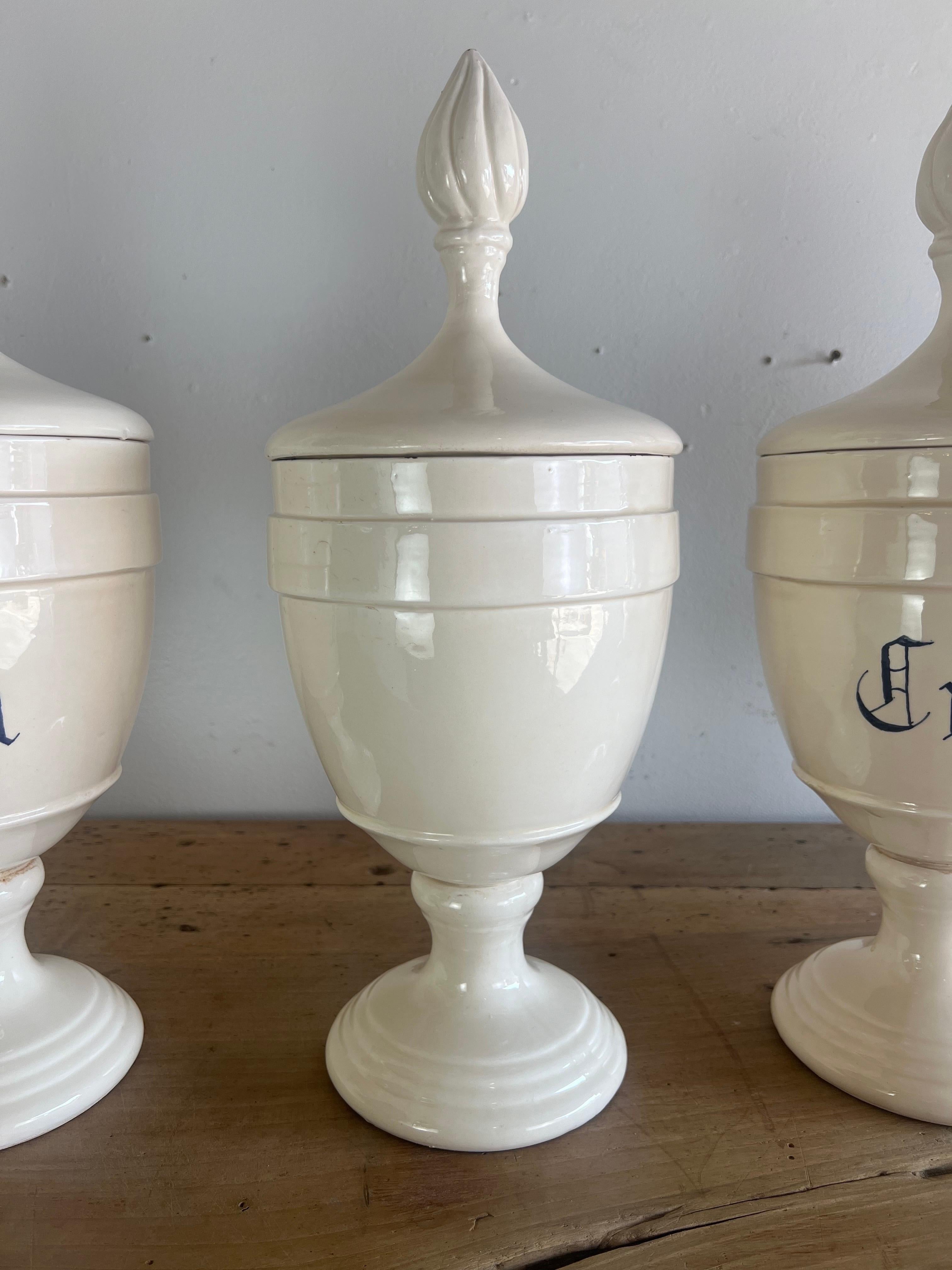 Ceramic Set of Six Apothecary Jars w/ Lids For Sale