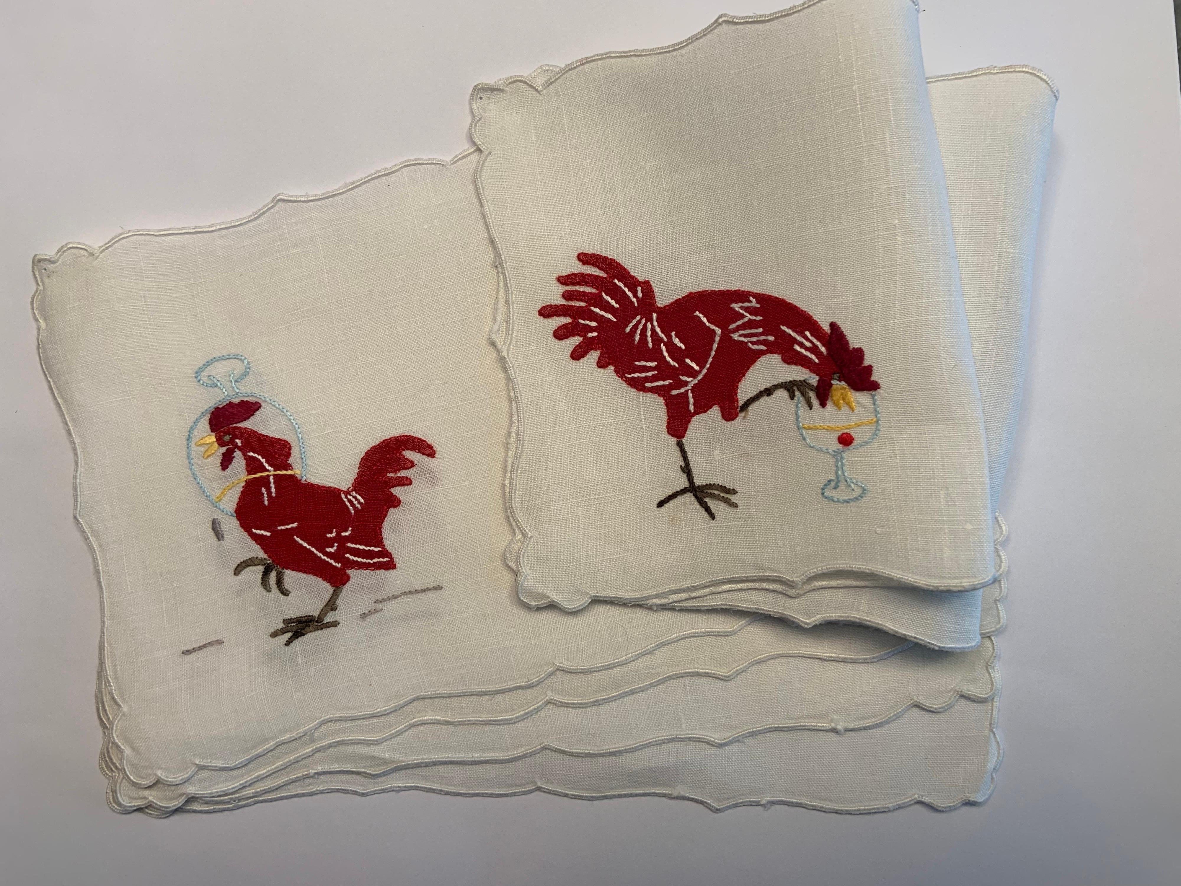 The Rooster is the unofficial mascot of cocktail hour, and on this set of six cocktail napkins he is pictured with his head in the cocktail glass, and with the cocktail glass on his head!  The set includes two drinking roosters and four drunken
