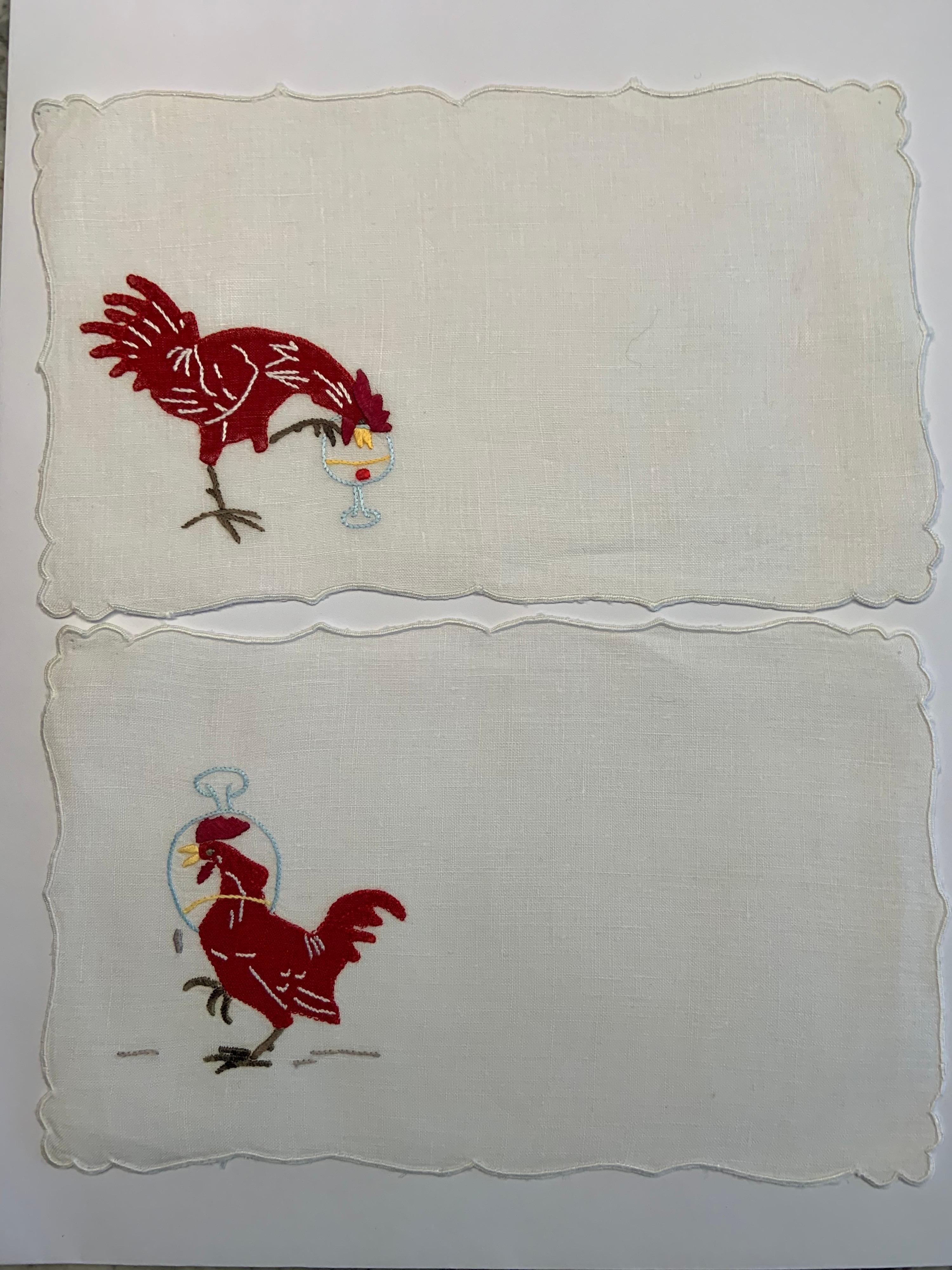 Brown Set of Six Appliqued and Embroidered Drunken Rooster Linen Cocktail Napkins