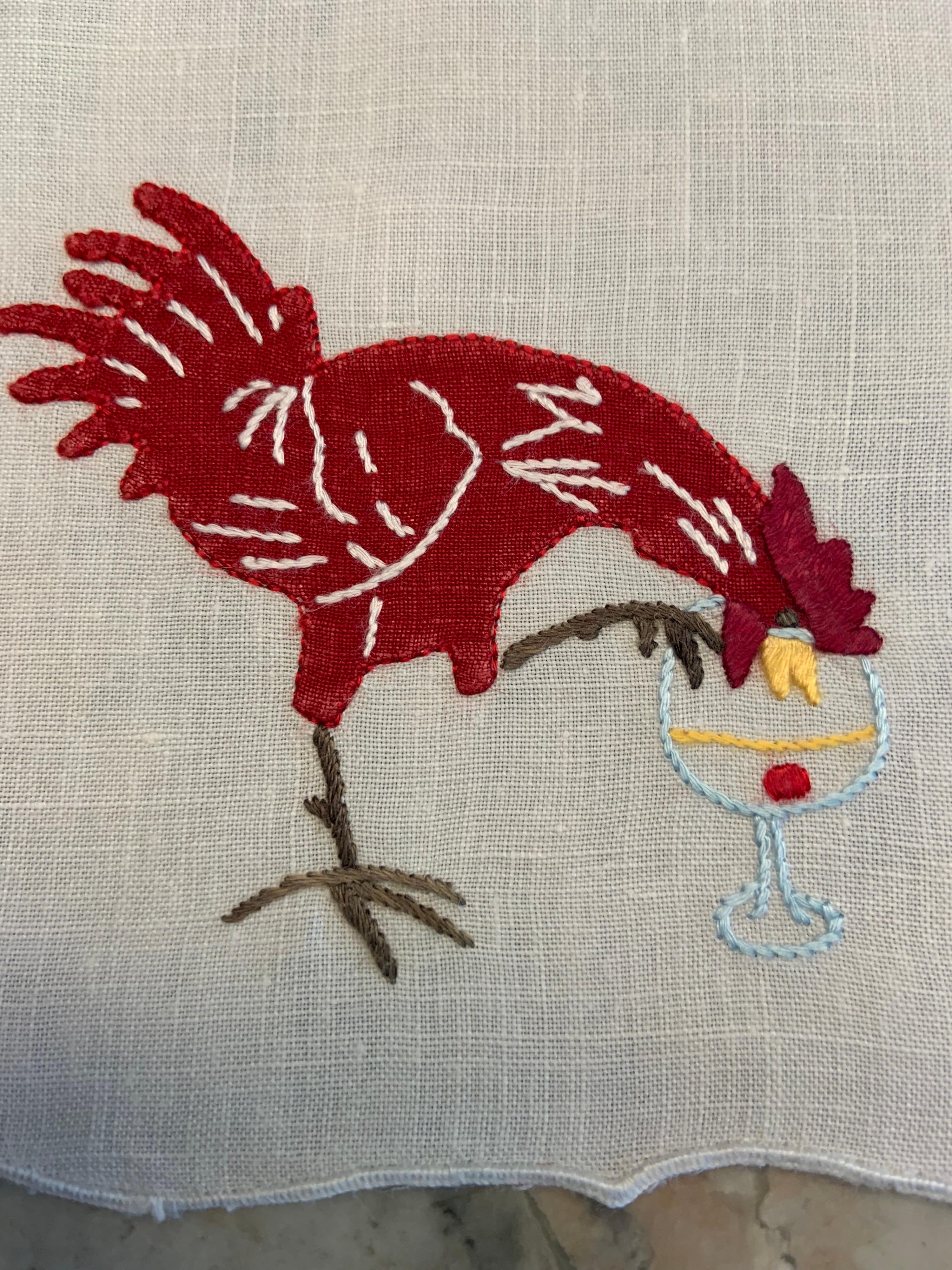 Set of Six Appliqued and Embroidered Drunken Rooster Linen Cocktail Napkins In Excellent Condition In New Hope, PA