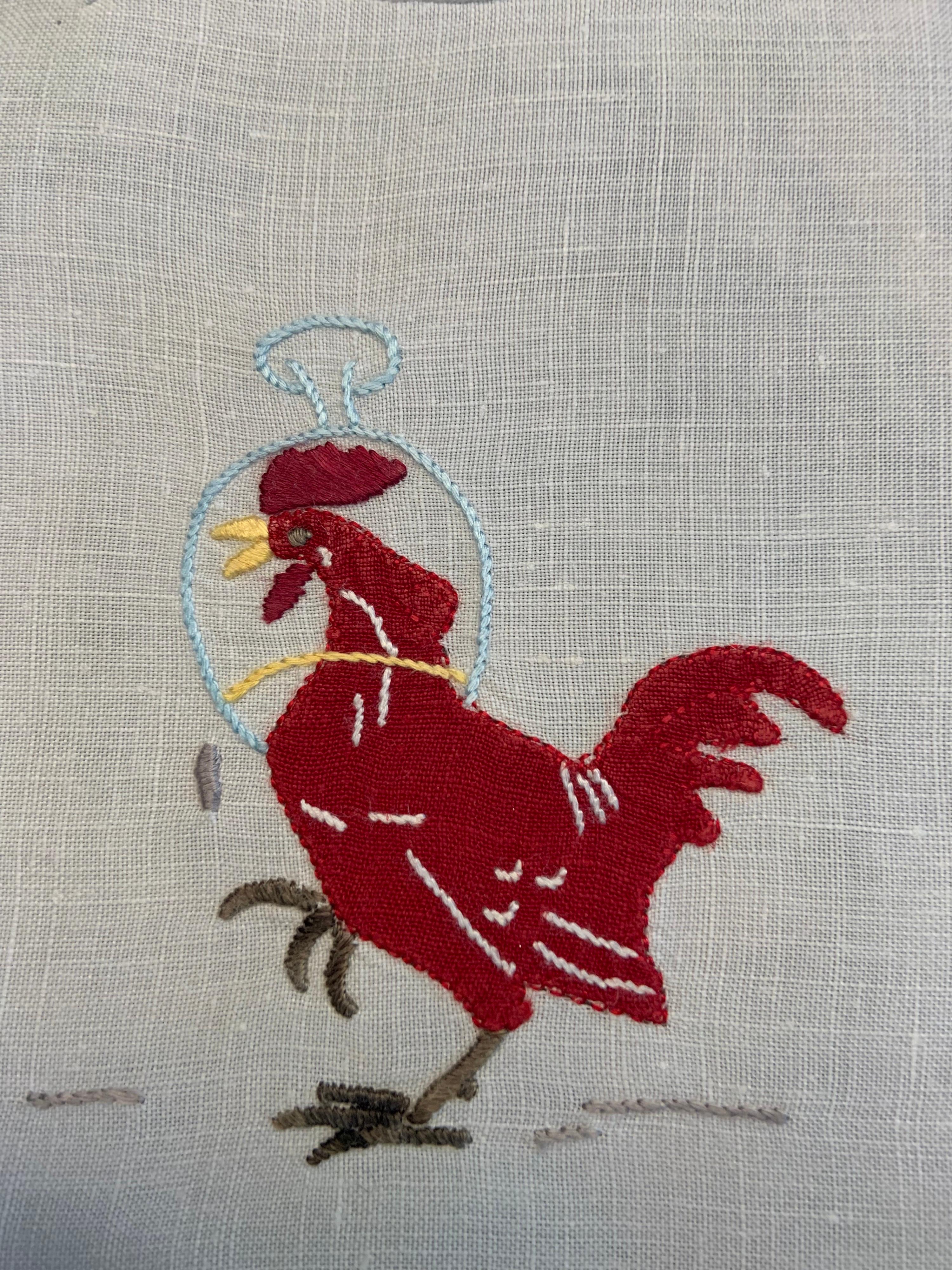 Women's or Men's Set of Six Appliqued and Embroidered Drunken Rooster Linen Cocktail Napkins