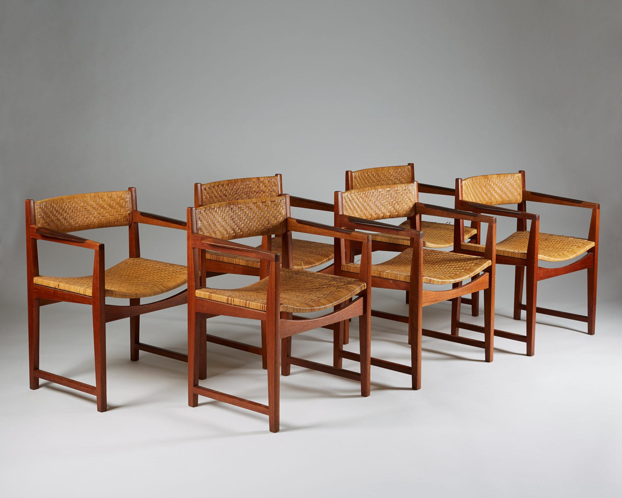 Set of six armchairs designed by Peter Hvidt and Orla Mølgaard Nielsen for So¨borg, Denmark, 1960s.