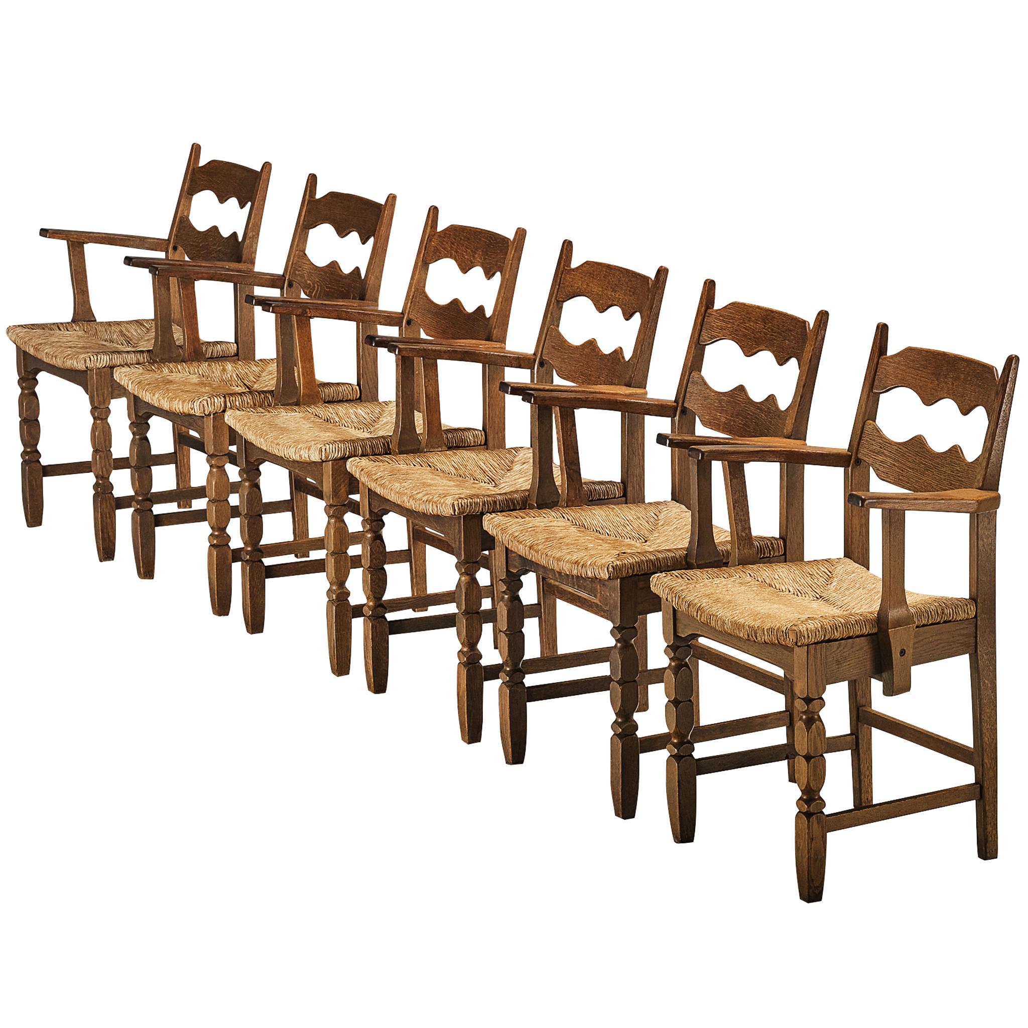 Set of Six Armchairs in Oak and Straw