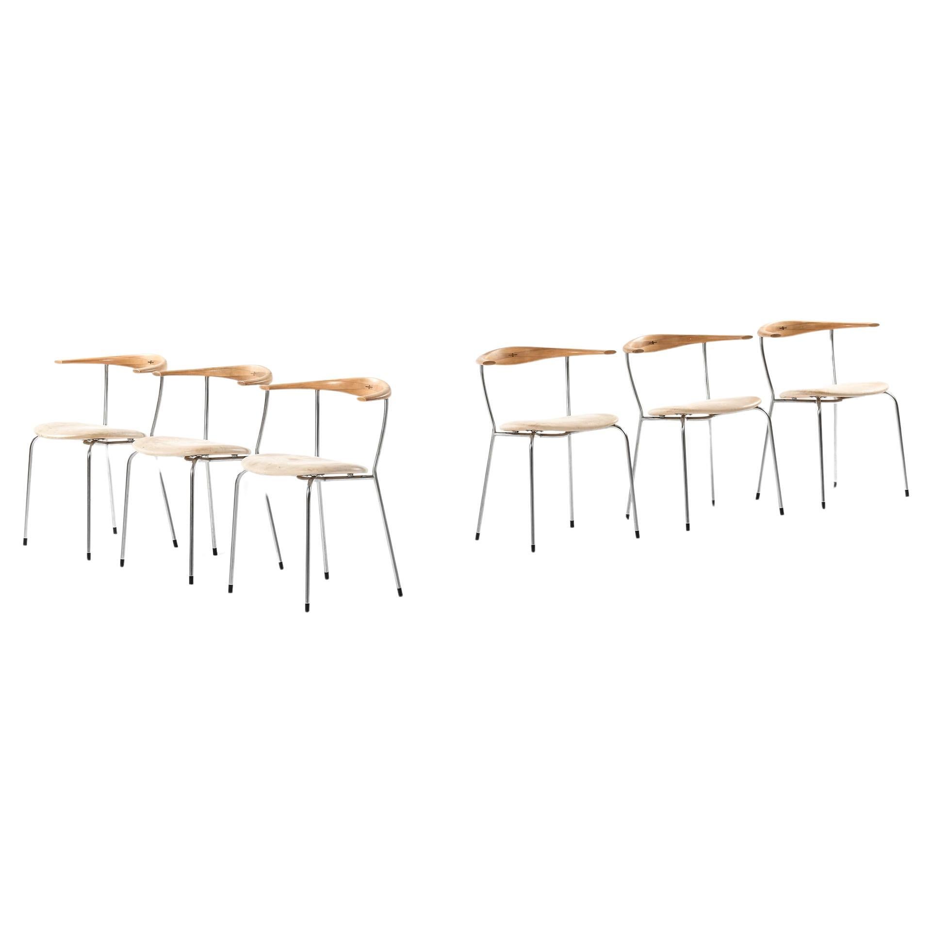 Ensemble de six fauteuils, Model No. JH-701, en bouleau et acier par Hans J. Wegner, années 1960