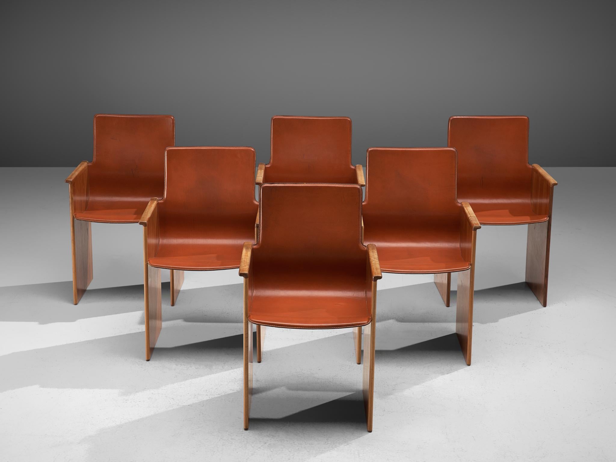 Mid-Century Modern Set of Six 'Torcello' Armchairs with Terracotta Leather by Tobia Scarpa