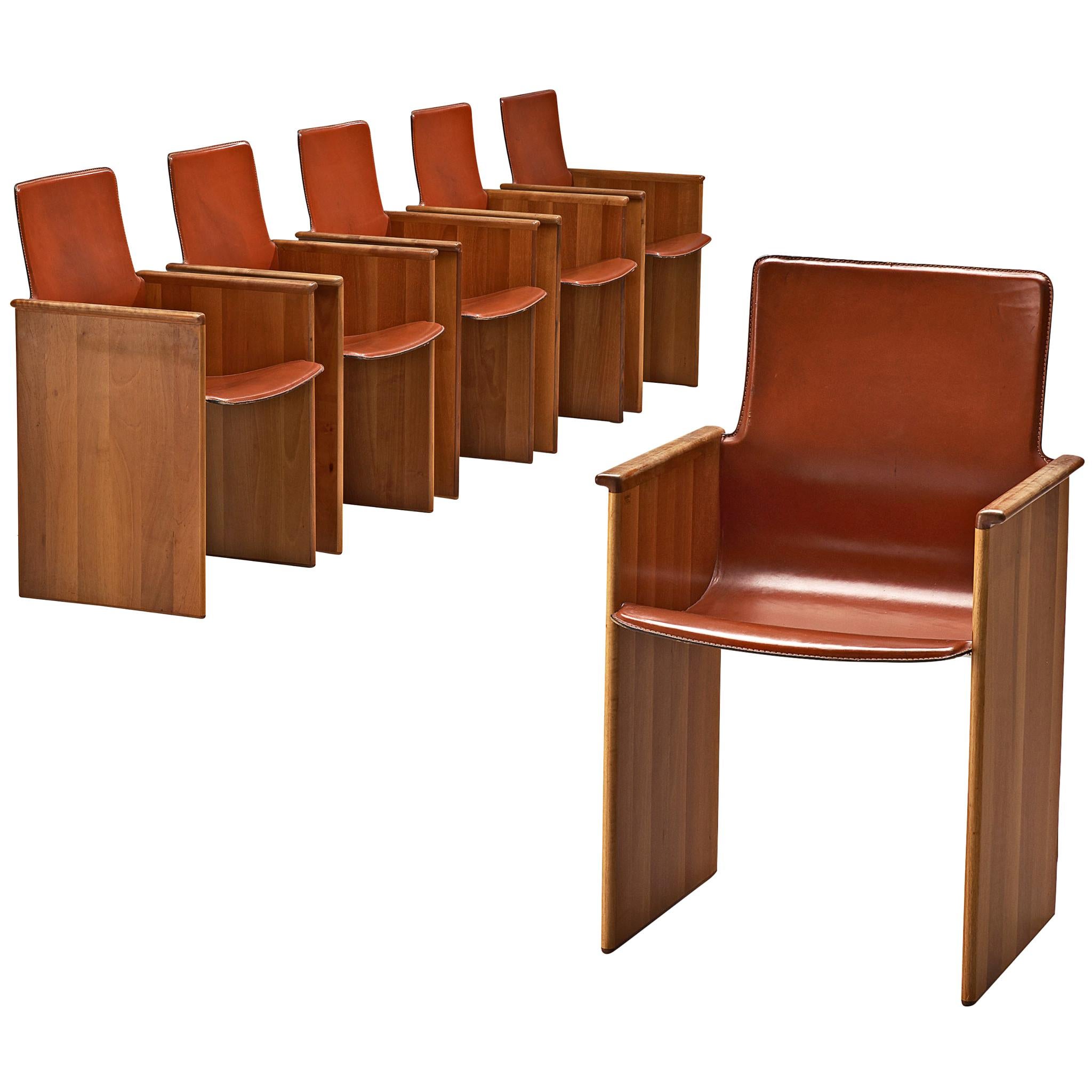 Set of Six 'Torcello' Armchairs with Terracotta Leather by Tobia Scarpa