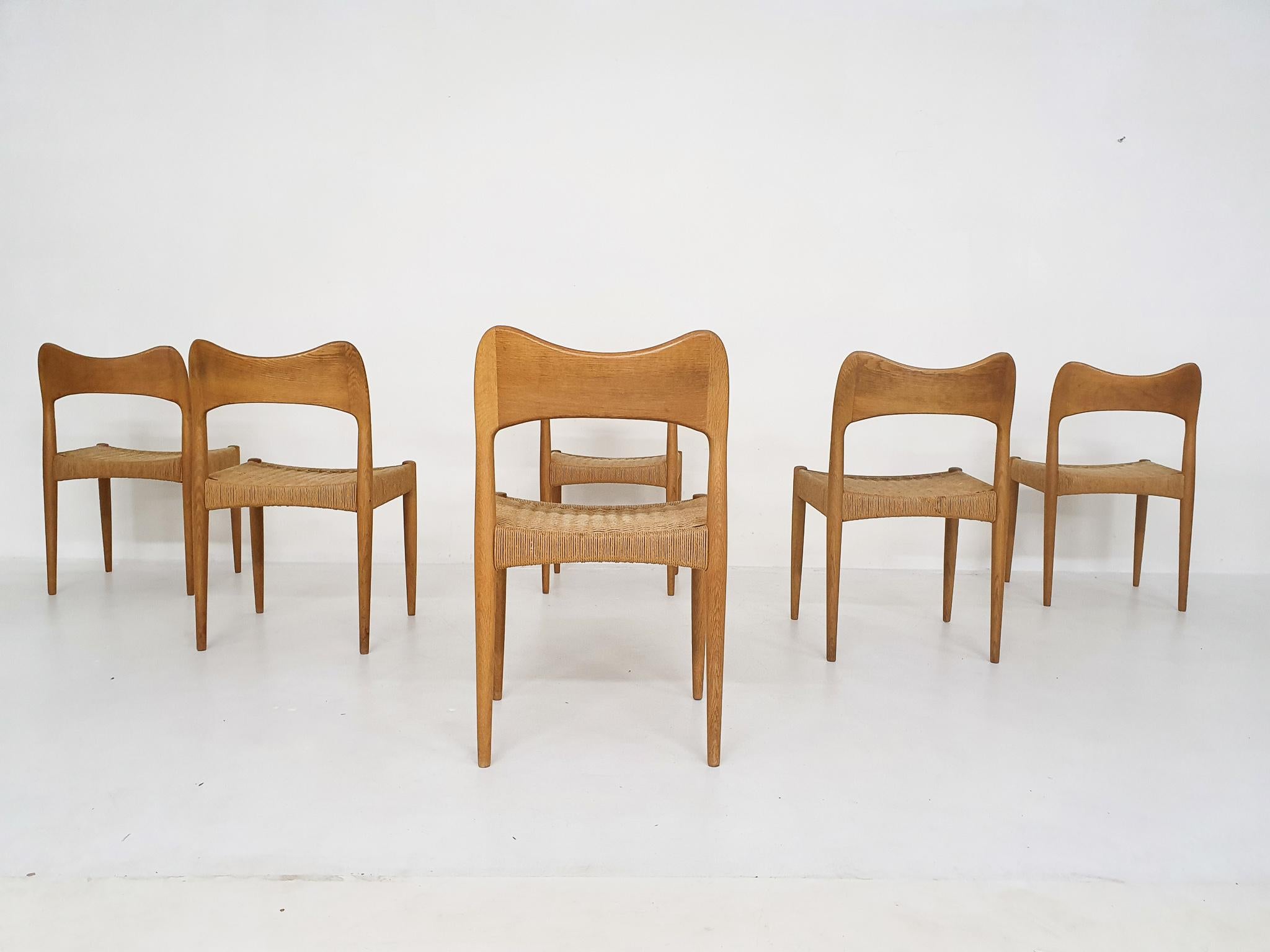 Scandinavian Modern Set of Six Arne Hovmand Olsen for Mogens Kold, Papercord Dining Chairs, Denmark