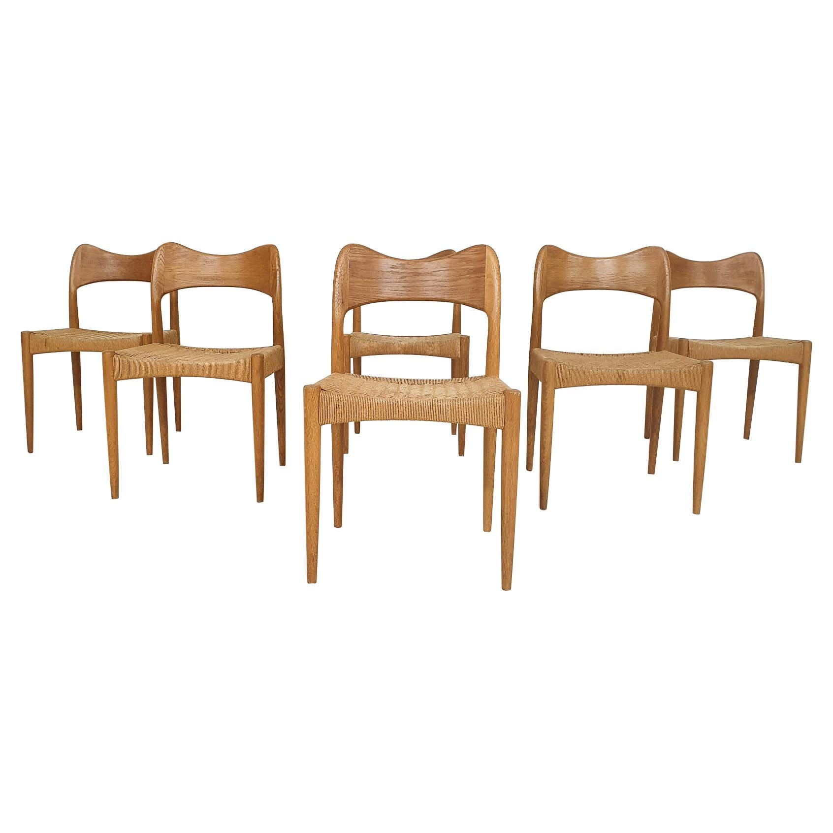 Set of Six Arne Hovmand Olsen for Mogens Kold, Papercord Dining Chairs, Denmark