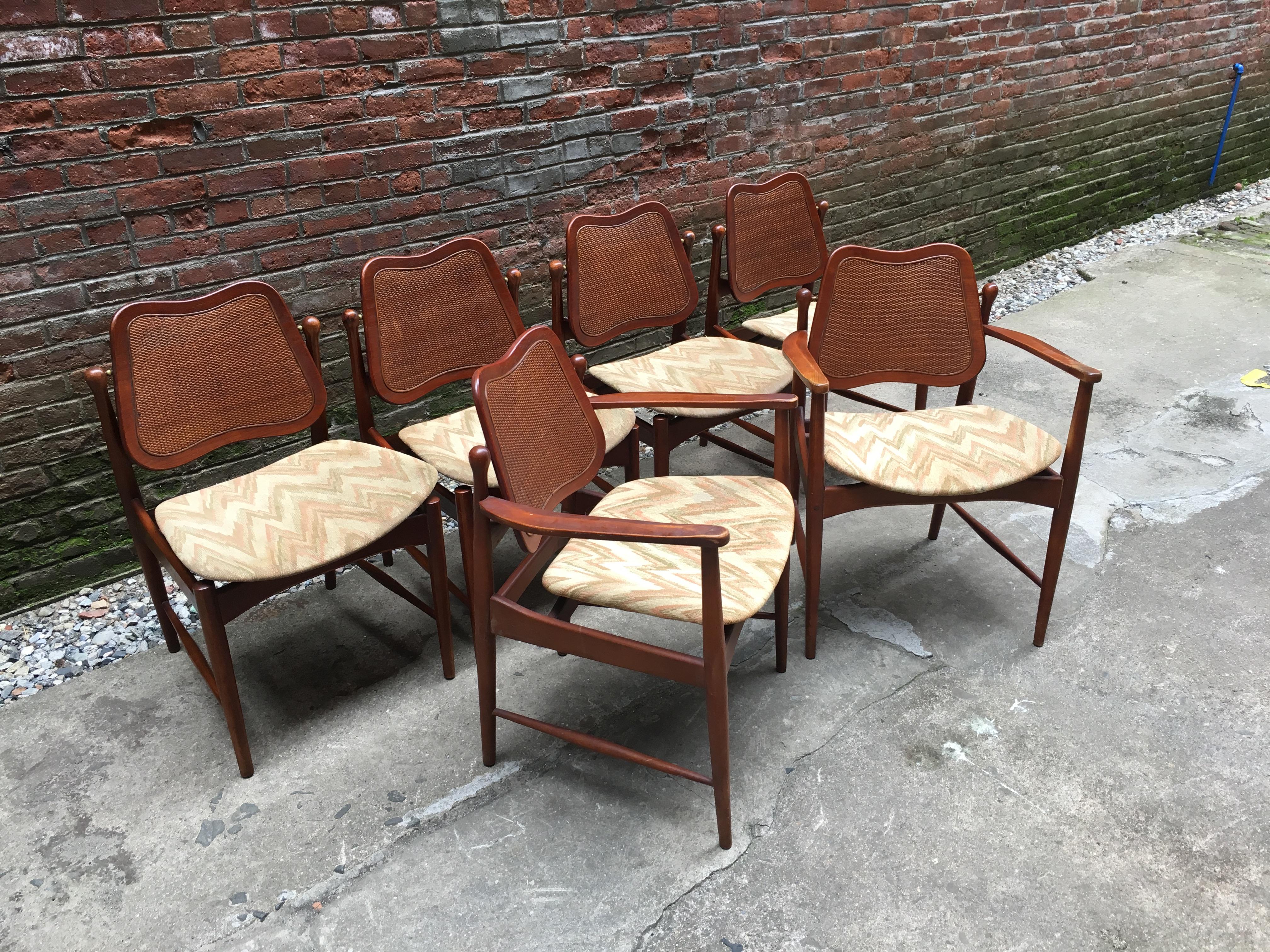 Scandinavian Modern Set of Six Arne Vodder Teak and Cane Back Dining Chairs