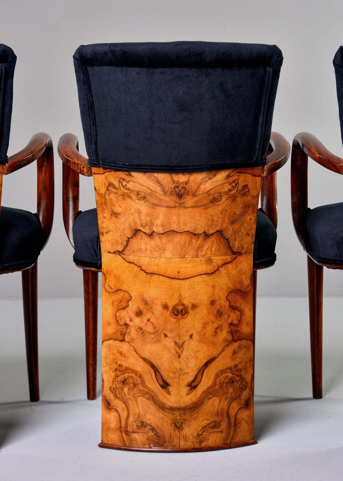 Set of Six Art Deco Amboyna Wood Chairs with Black Velvet Upholstery 7
