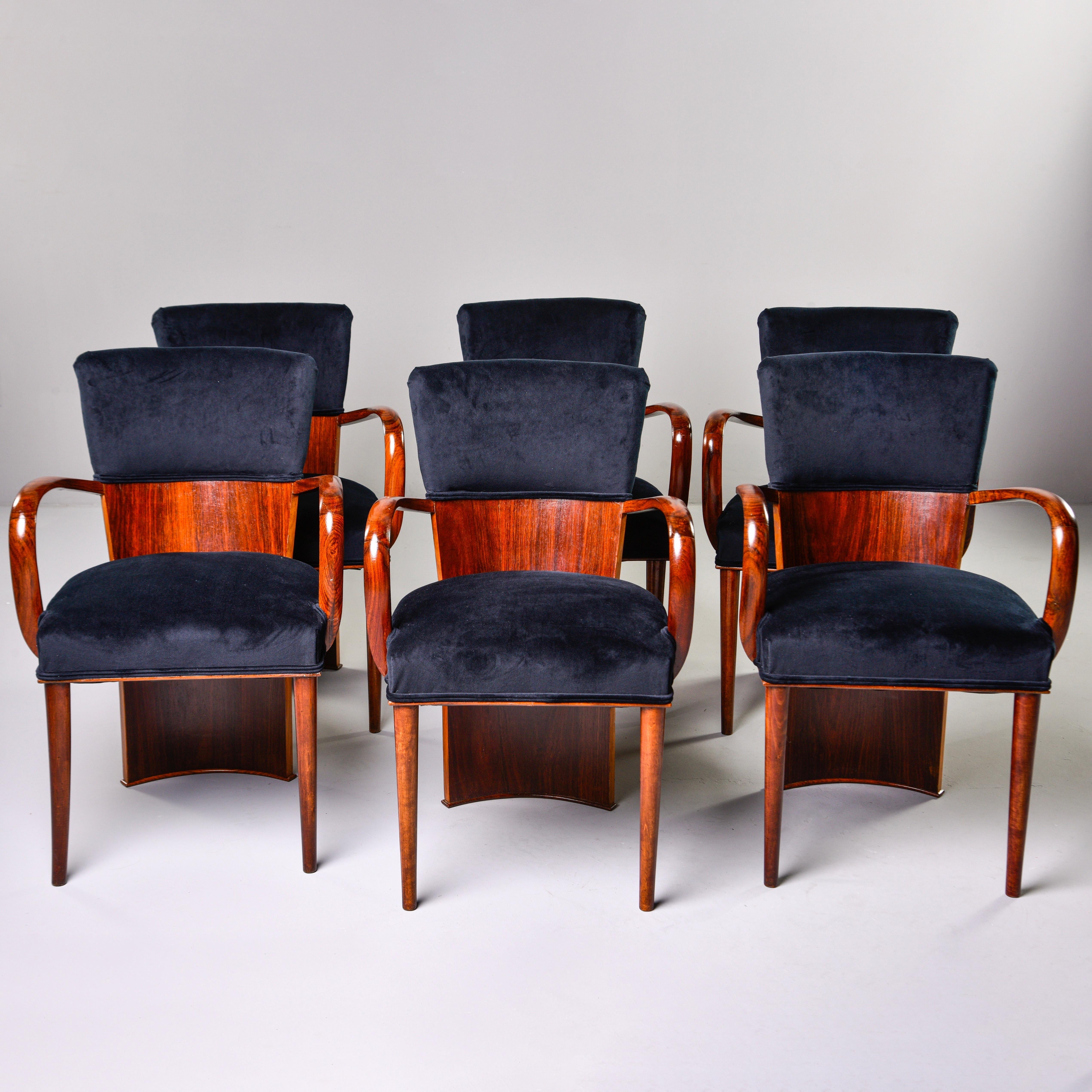 Italian Set of Six Art Deco Amboyna Wood Chairs with Black Velvet Upholstery