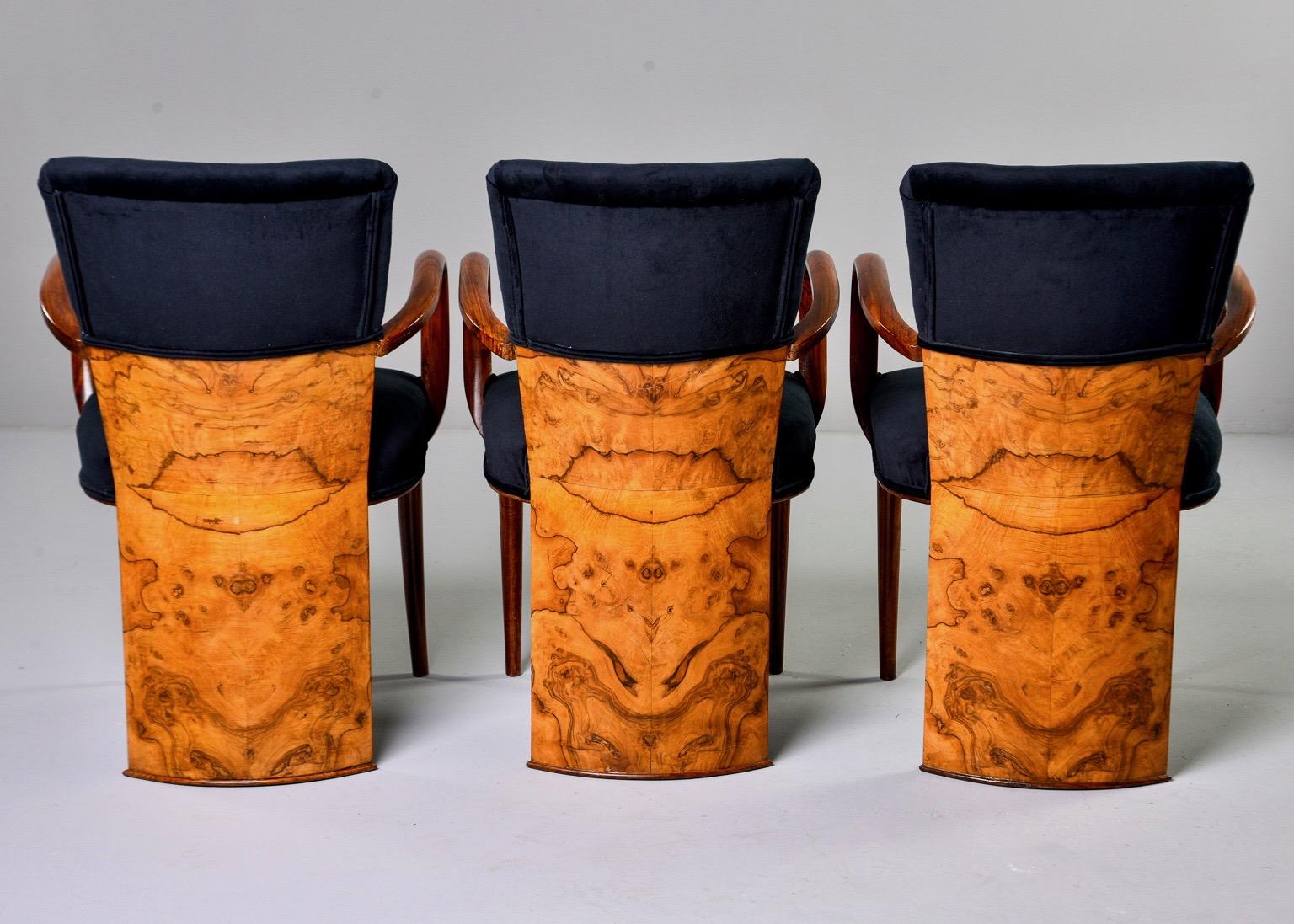 Set of Six Art Deco Amboyna Wood Chairs with Black Velvet Upholstery In Good Condition In Troy, MI