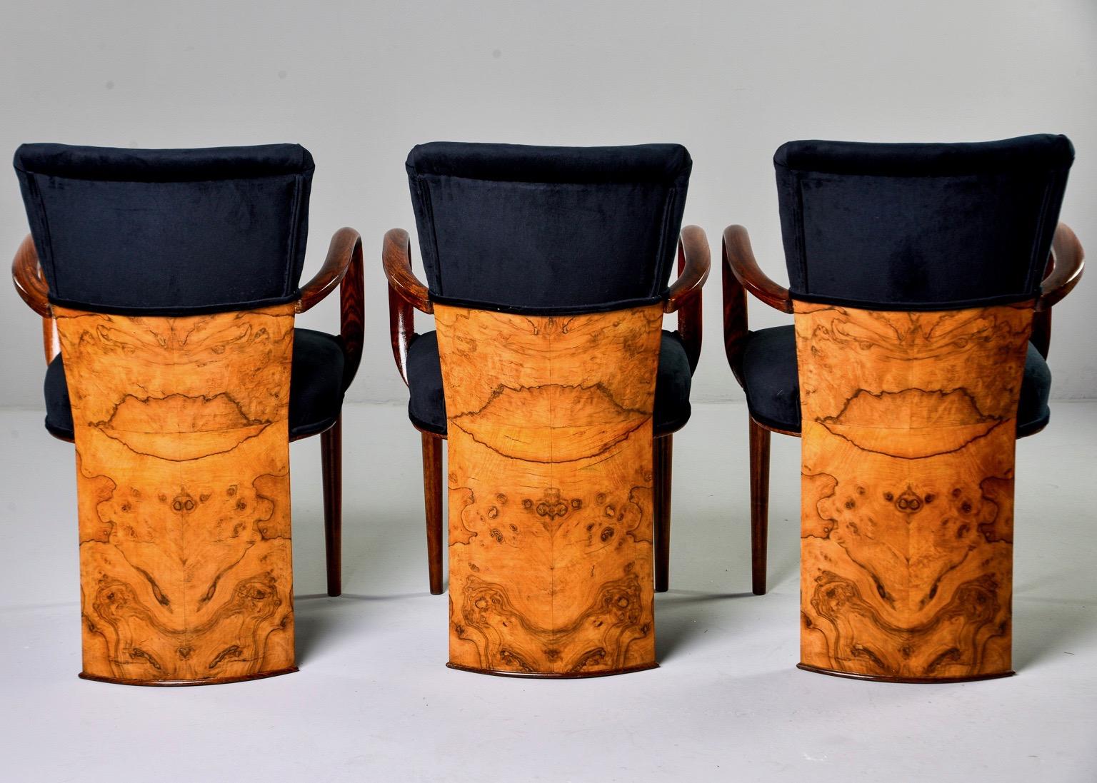 20th Century Set of Six Art Deco Amboyna Wood Chairs with Black Velvet Upholstery