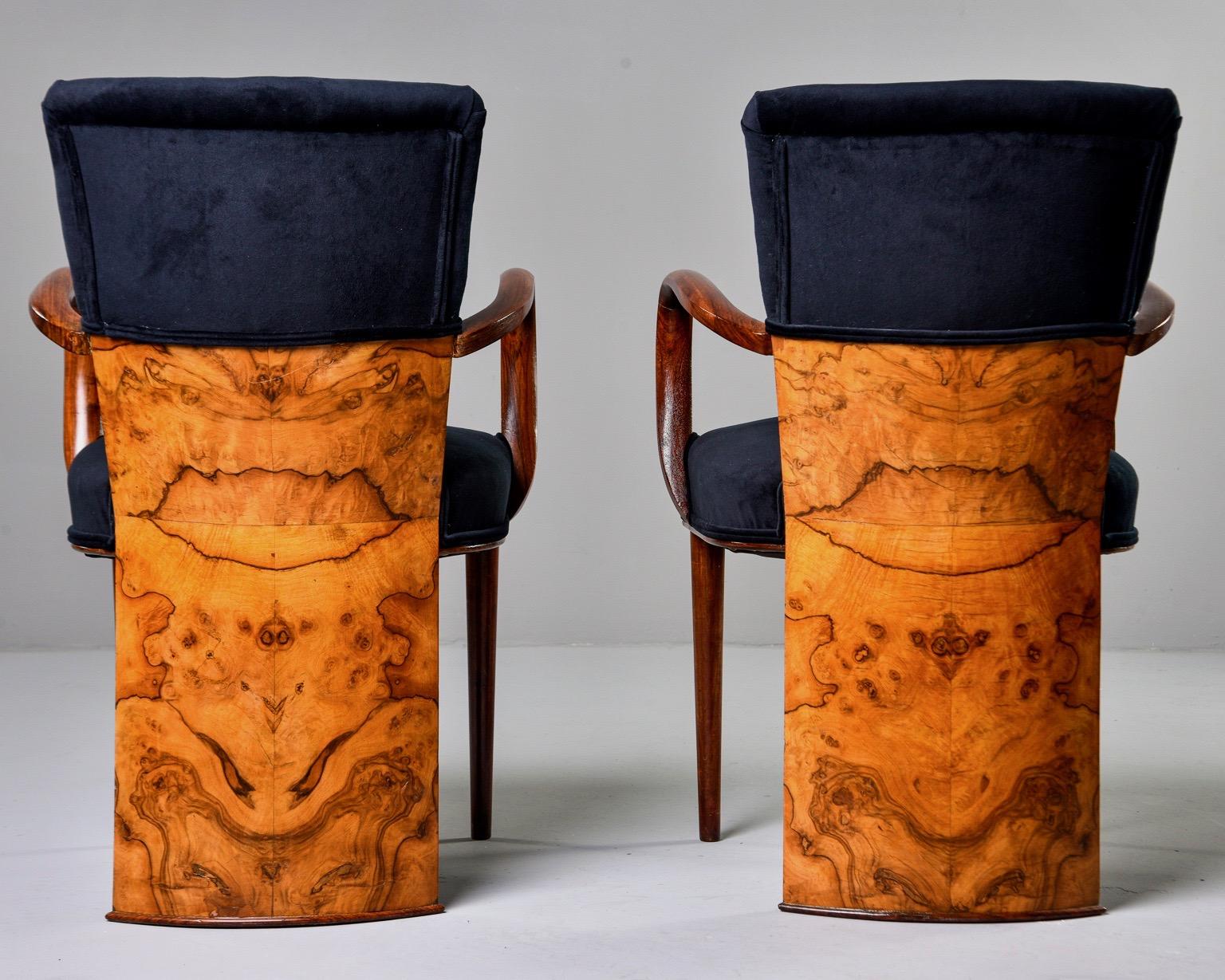 Set of Six Art Deco Amboyna Wood Chairs with Black Velvet Upholstery 1