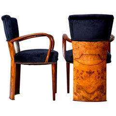 Set of Six Art Deco Amboyna Wood Chairs with Black Velvet Upholstery
